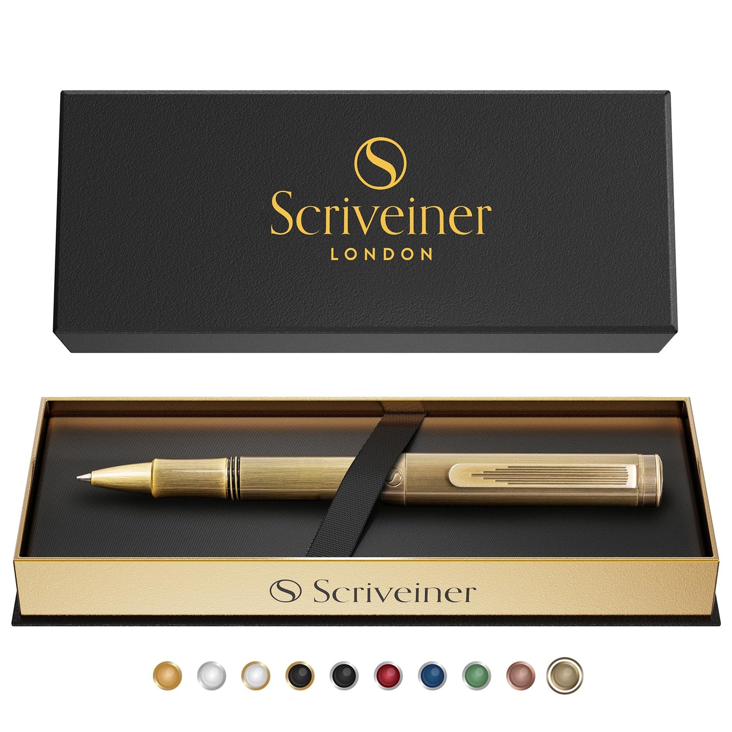 Scriveiner Brass EDC Luxury Rollerball Pen, Stunning Heavy Pocket Rollerball, Hand Brushed Bronze Finish, Best Writing Gift for Men, Women, German Schmidt Refill, Fancy Office & Designer Pen