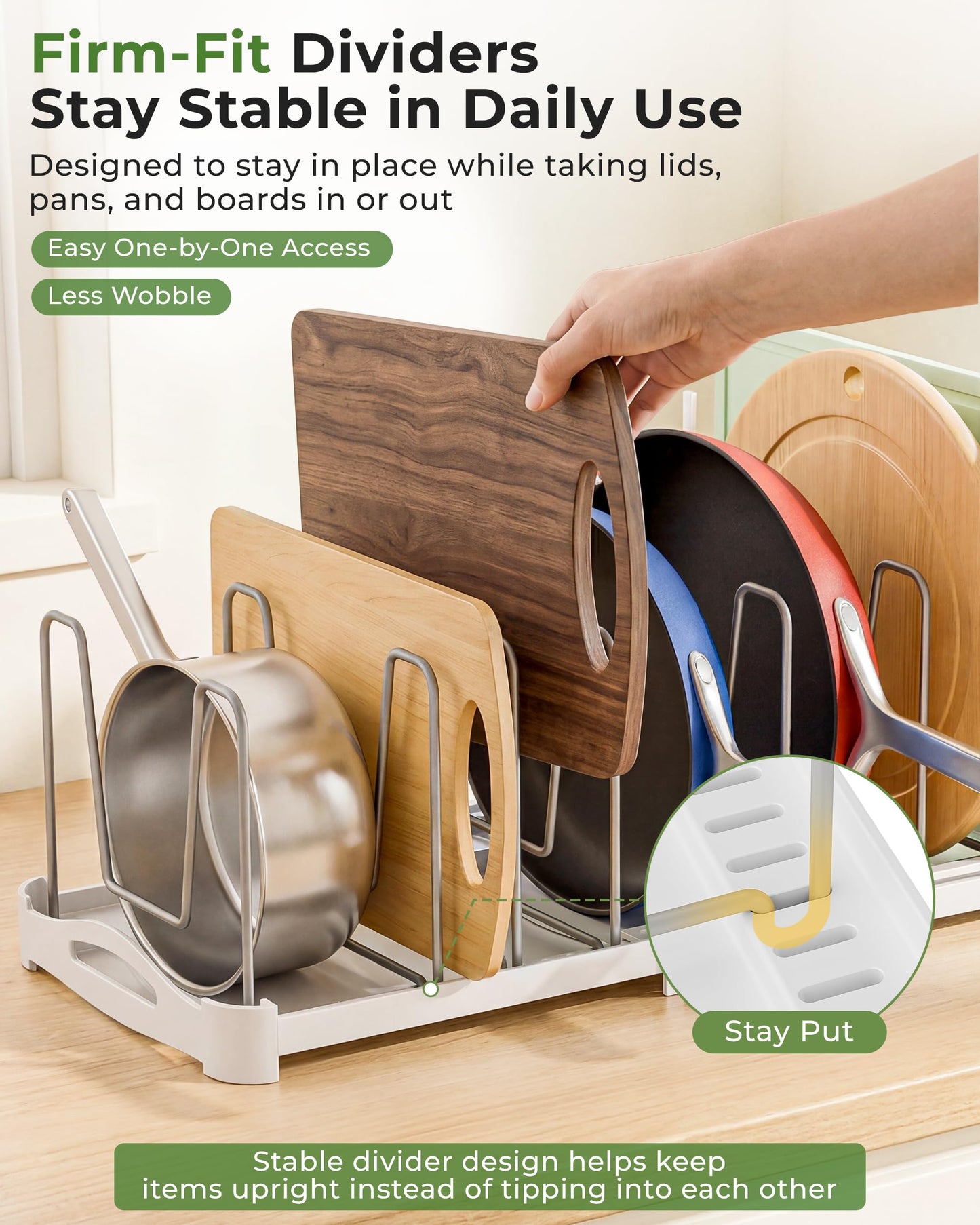 EVERIE Adjustable Bakeware Organizer Pot Lid Holder Rack for Pots, Cake Molds, Cutting Boards, Mats, Cookware, GS02SS, 7.7'' Deep by 12.6'' to 21.5'' Wide