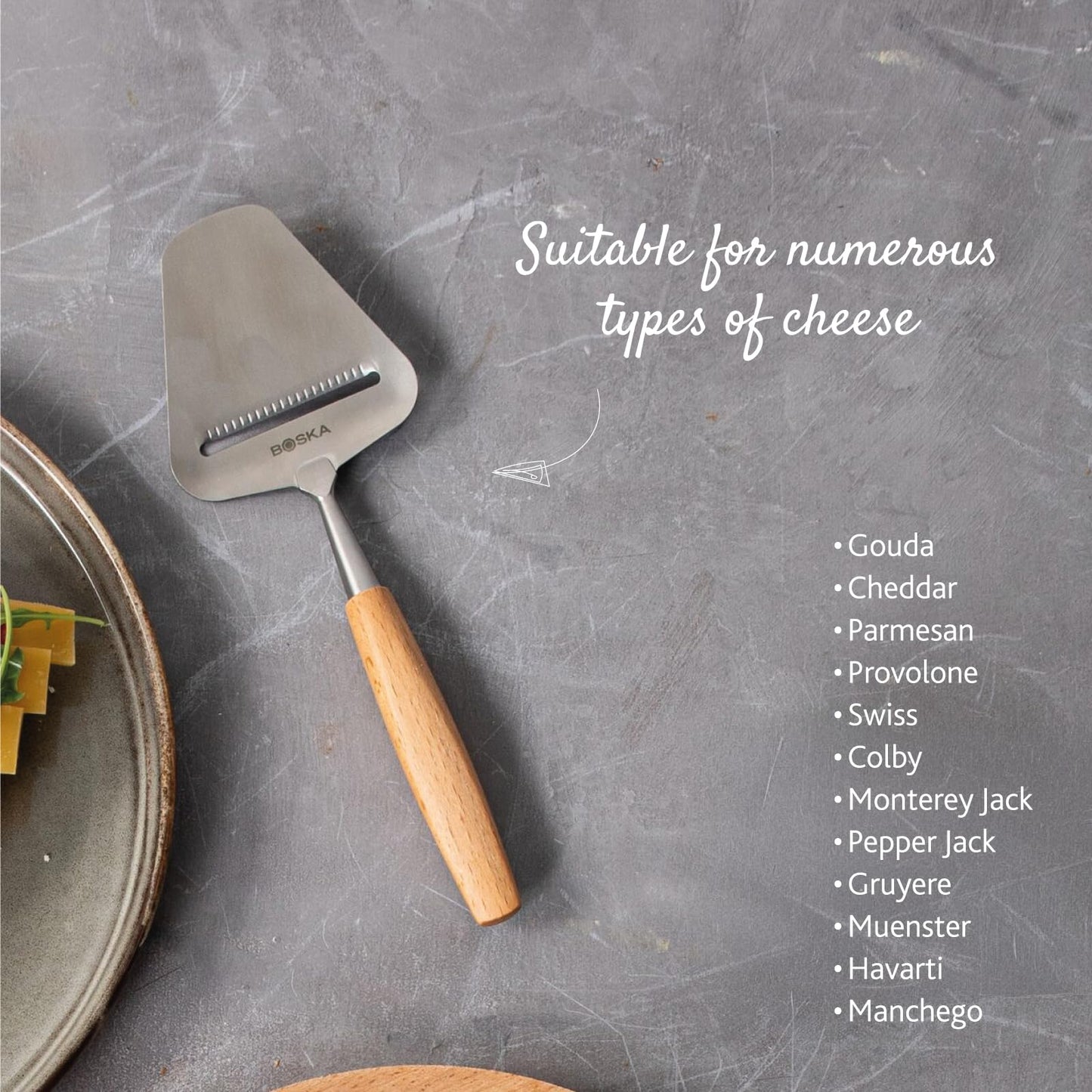 Boska Cheese Slicer Amigo - Slicer for Mature and Aged Cheese - Ergonomic Handle - Stainless Steel - Beech Wood - Non-stick Thanks to BSF Treatment - Also for Slicing Vegetables