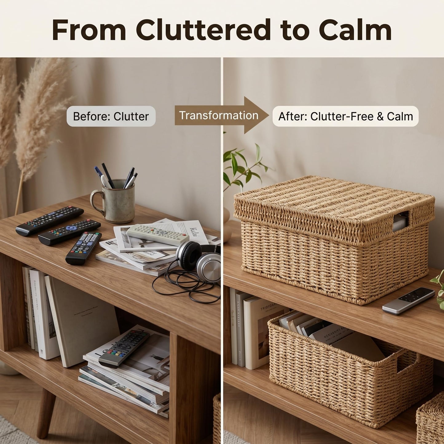 GANLUX Wicker Storage Basket with Lid - Woven Basket for Storage,Rectangular Decorative Boxes Bins with Lids for Shelves,living room, Nursery, 3 baskets+1 lids(Natural)