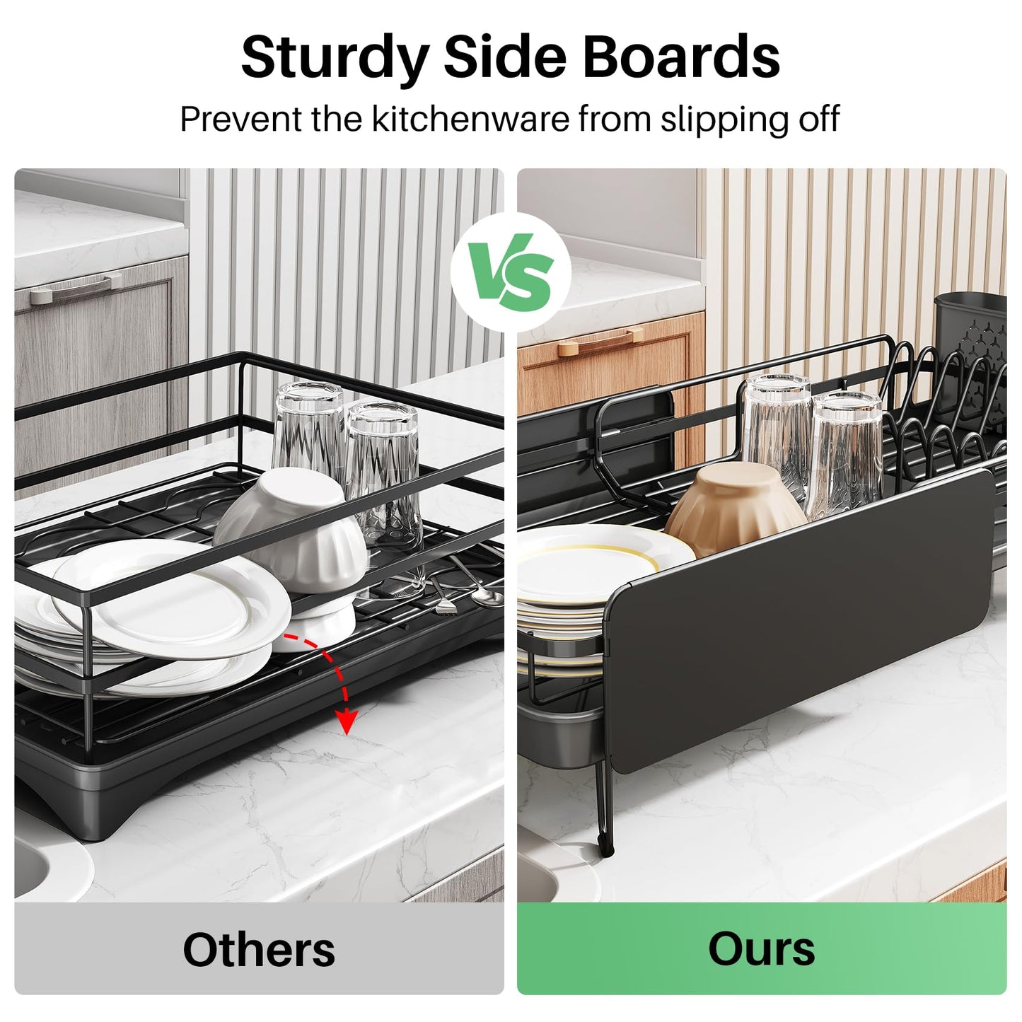 SNTD Dish Drying Rack - Large Dish Racks for Kitchen Counter, Expandable Dish Drainers with Cutlery Holder Stainless Steel Rustproof, Black