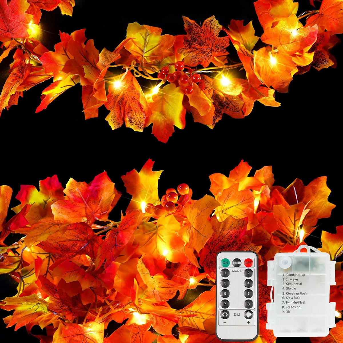suddus Fall Garland with Lights Battery Operated, 20 LED Lighted Orange Fall Leaf Garland, Fairy String Lights with Remote for Thanksgiving, Table, Mantle, Office, Porch, Halloween, Home Decoration