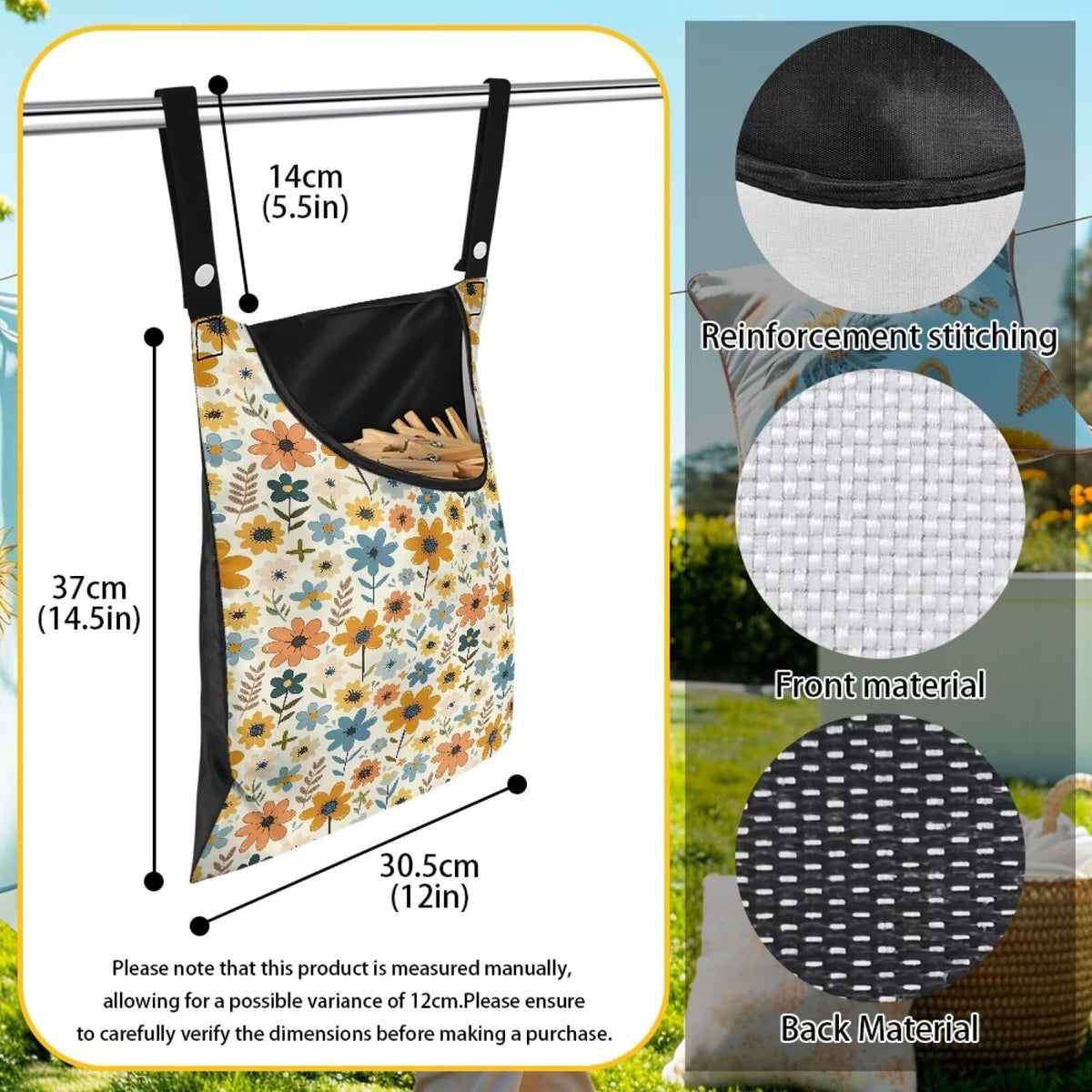 Floral Print Clothespin Bag Laundry Hanging Storage Organizer with Rope Holder and Extra Large Opening for Clothesline Outdoor Storage with Hanger Hook