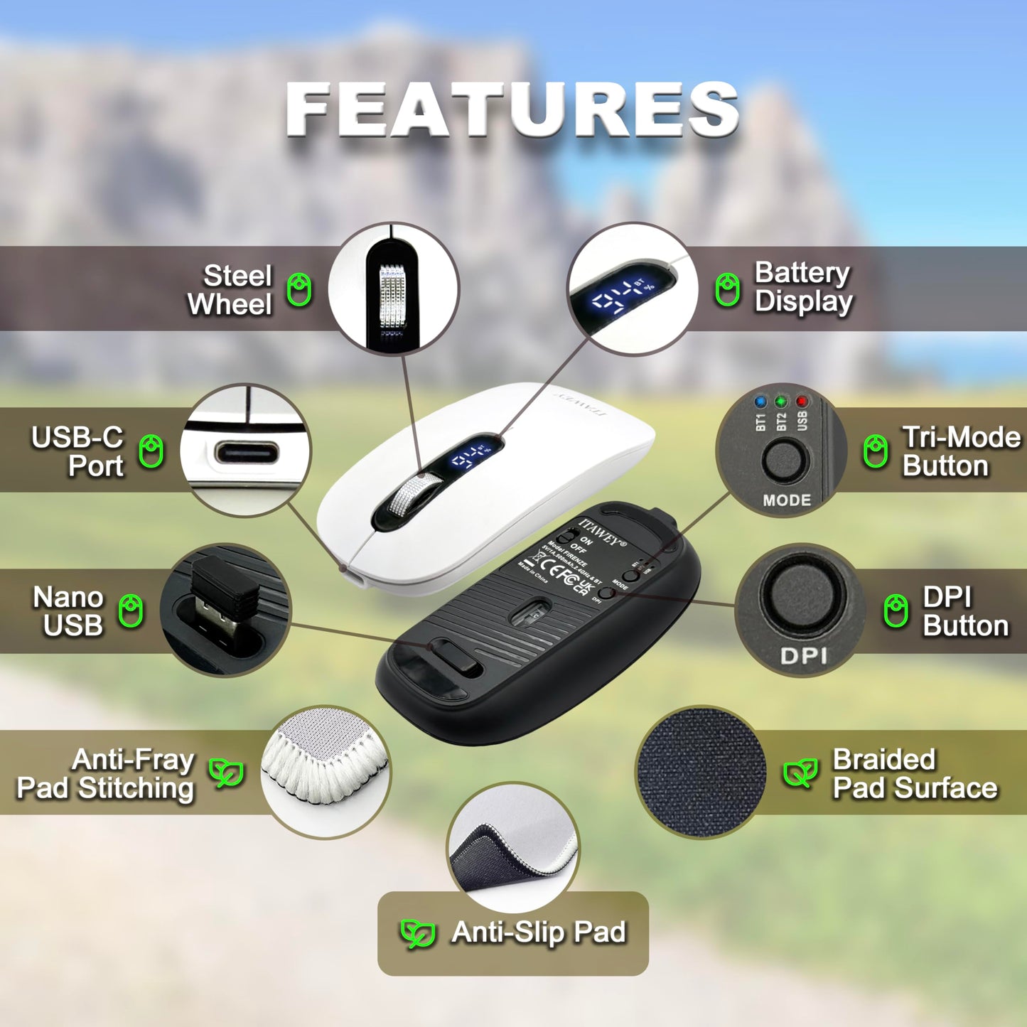 ITAWEY Wireless Mouse & Pad Combo - LCD Display, Bluetooth & USB Receiver, Tri-Mode, Rechargeable, Quiet Clicks, with USB-C Converter, Precise Steel Scroll Wheel, 3200 DPI for PC, Laptop, Tablet