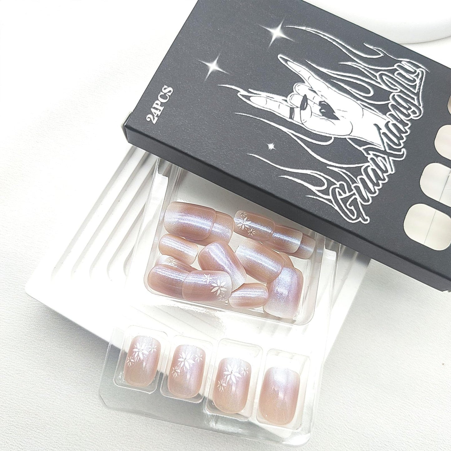Gradient Press on Nails Short Square Fake Nails with Purple Chrome Flower Designs Nails Press ons White Nude Ombre Glue on Nails Glossy Acrylic Nails Cute Stick on Nails for Women 24Pcs