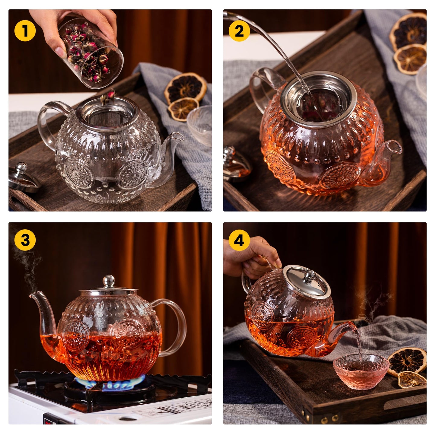 Amzcku 50OZ/1500ml Vintage Glass Teapot with Removable Infuser – Stovetop Safe, Borosilicate Glass Tea Kettle for Blooming & Loose Leaf Tea