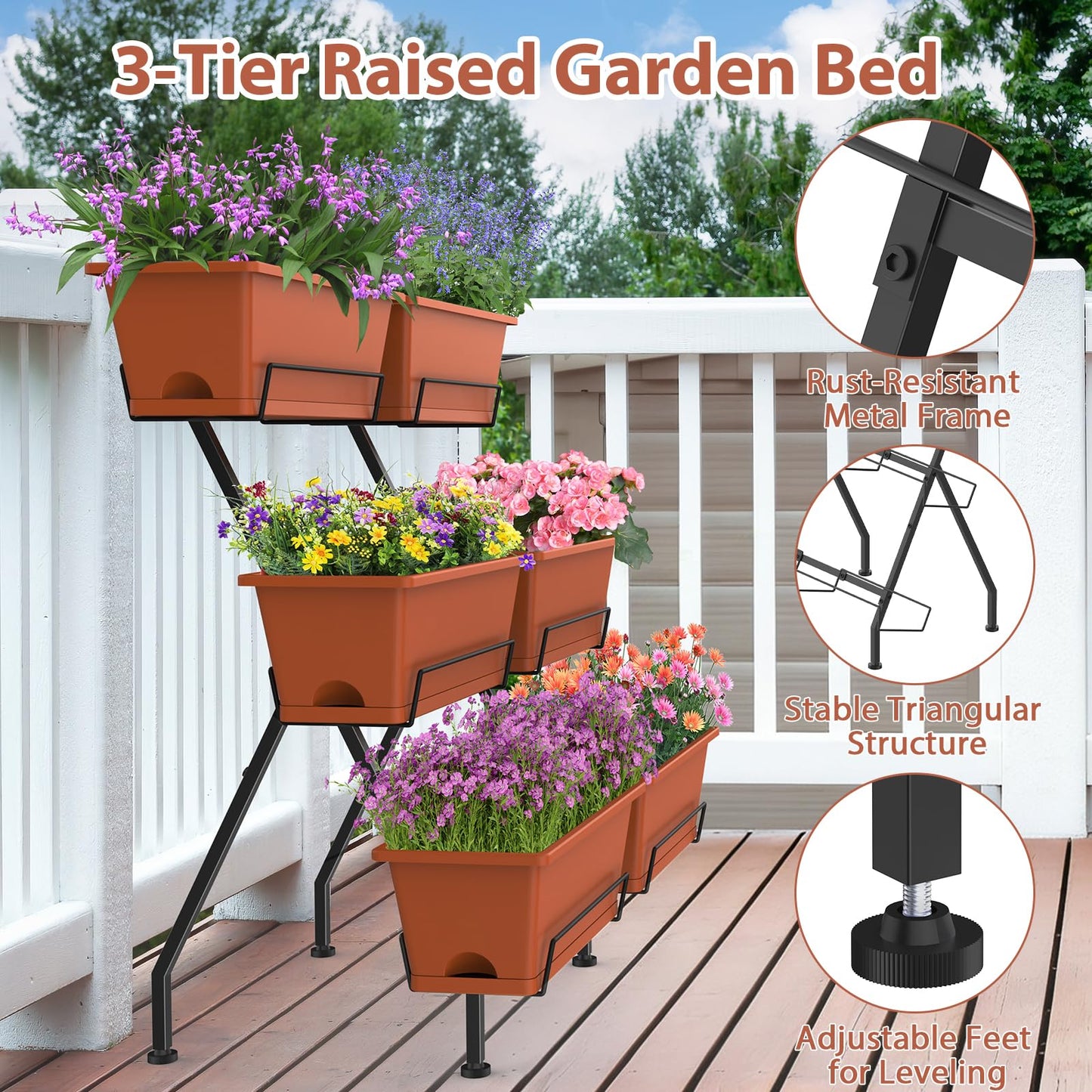 Sunexinlo 3-Tier Vertical Garden Planter with 6 Boxes, 31" Tall Raised Garden Bed with Adjustable Feet for Herbs, Flowers, Vegetables, Ideal for Indoor, Outdoor, Patio, Balcony, Deck Use, Brick Red