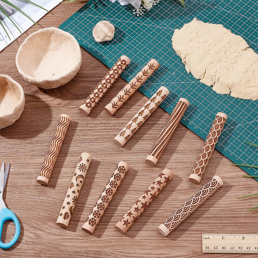 UNICRAFTALE 10Pcs Wooden Clay Texture Rollers Set for Pottery 10 Styles Ceramics Potters Stamp Roller Tools 102mm Textured Rolling Pins Modeling Pattern Rollers Kit for DIY Handmade Art Supplies