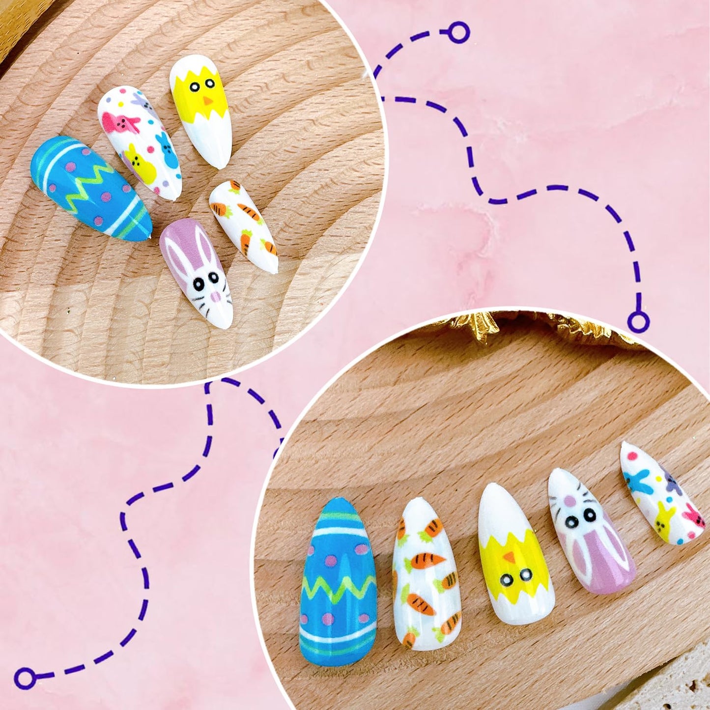 24Pcs Easter Press on Nails Medium Almond Fake Nails with Designs Cute Chick Carrot Bunny False Nails Easter Egg Acrylic Nail Cartoon Rabbit Full Cover Glue on Nails for Women Holiday Nail Decor