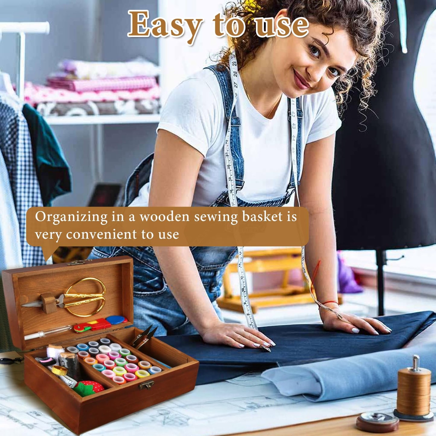 Mother's Day Gift Sewing Kit for Adults Wooden Sewing Box with Thread Scissors Thimble Needle Cushion Seam Ripper Retro Wooden Sewing Basket Sewing Supplies for Beginners