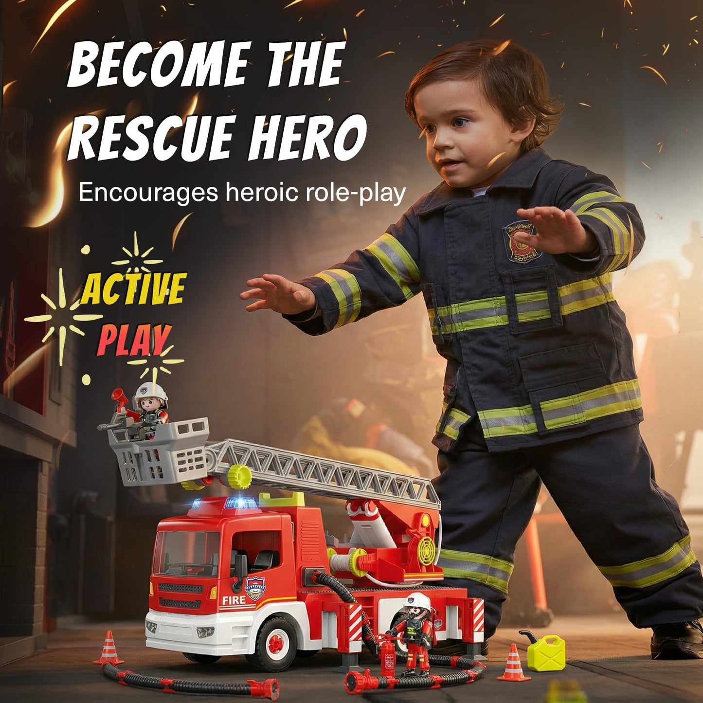 Tiny Force Toy Ladder Fire Truck Toy – Firefighter Fire Truck with Extendable Fire Ladder, Toy Truck for Kids, Perfect Firefighter Gift for Pretend Play Fun