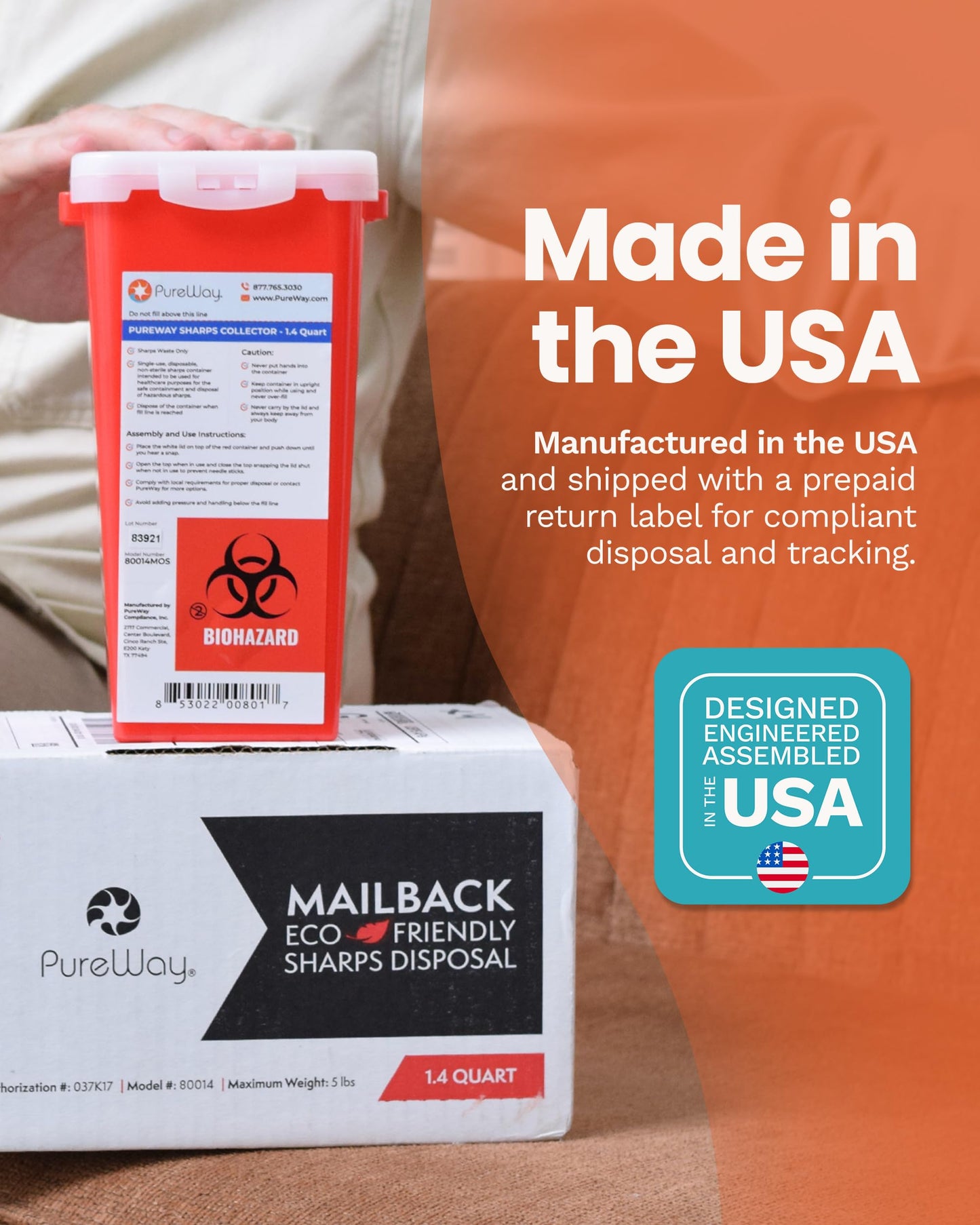 PureWay 1.4 Quart MailBack Sharps Disposal Container – Secure Needle Box for Safe Medical Waste & Used Syringe Disposal | Sharps Container for Home Use, Travel, Clinics, and Professional Settings