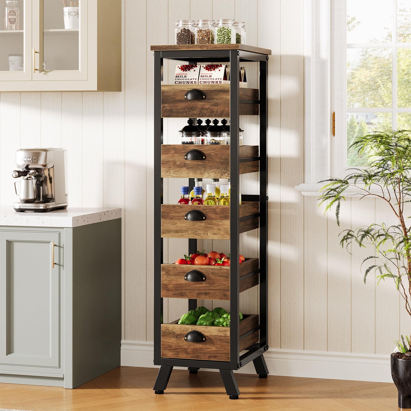 Tribesigns Wood Fruit and Vegetable Storage Rack, 5-Tier Narrow Snack Stand Kitchen Stand Fruit Basket, Pull-Out Utility Organizer for Kitchen, Living Room, Rustic Brown