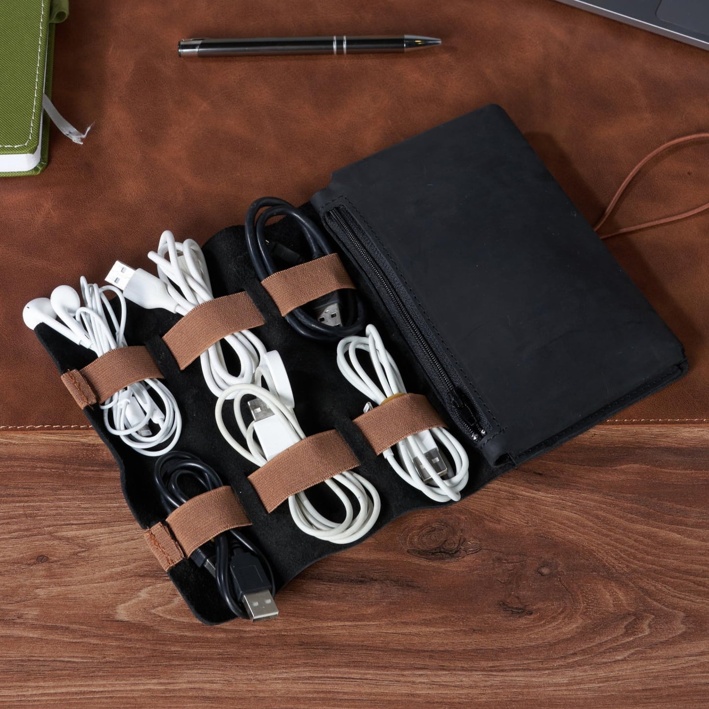 HARDISTON Genuine Leather Electronic Cable Organizer Bag Handmade Travel Cord Organizer Roll Case for Hard Drives, Cables, Charger, Phone, USB, SD Card (Medium - Black)