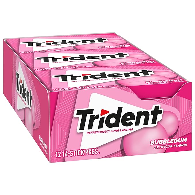 Trident Bubblegum Sugar-Free Chewing Gum, 12 Packs of 14 Pieces (168 Total Pieces)