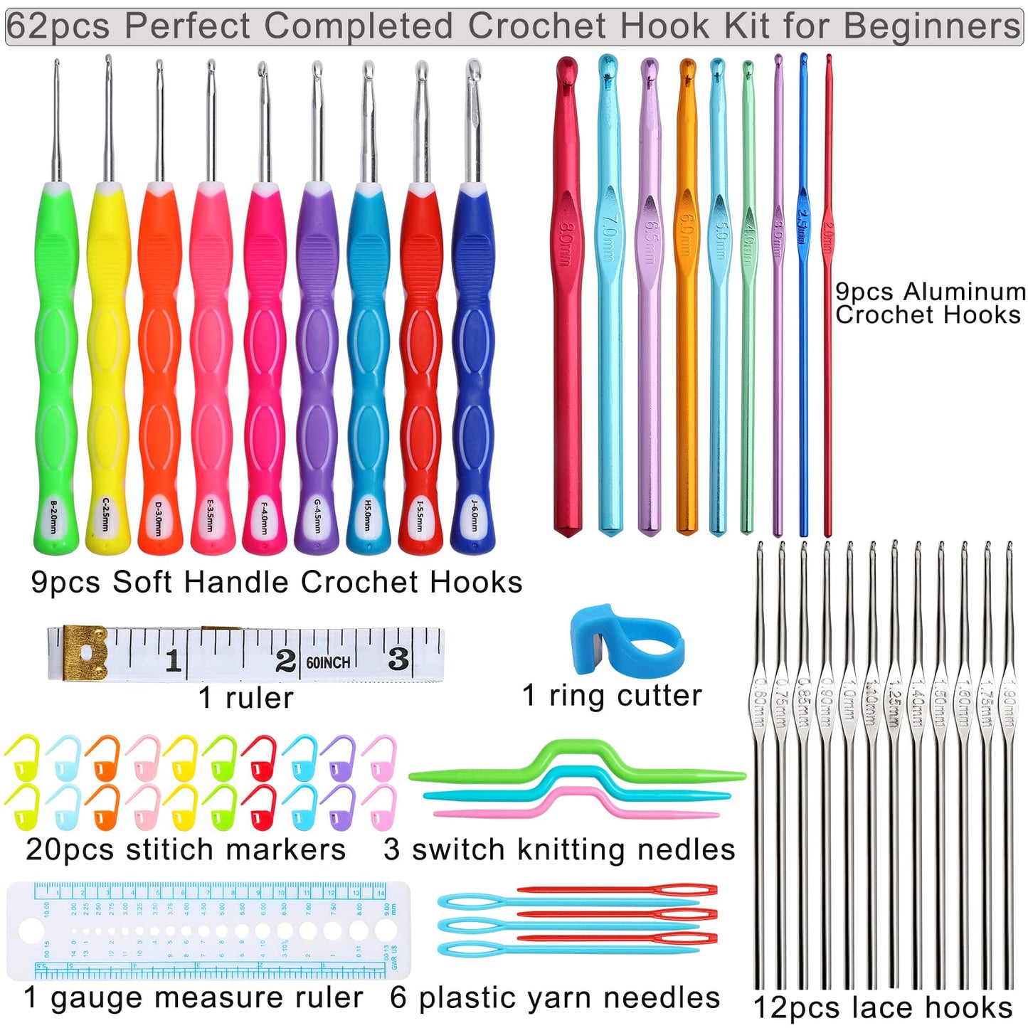 Looen Crochet Hooks Set-Yarn Needles Coloured Aluminum with Storage Case Rubbery Handle Ergonomic Comfort Grip DIY Craft Handmake Kit 64pcs