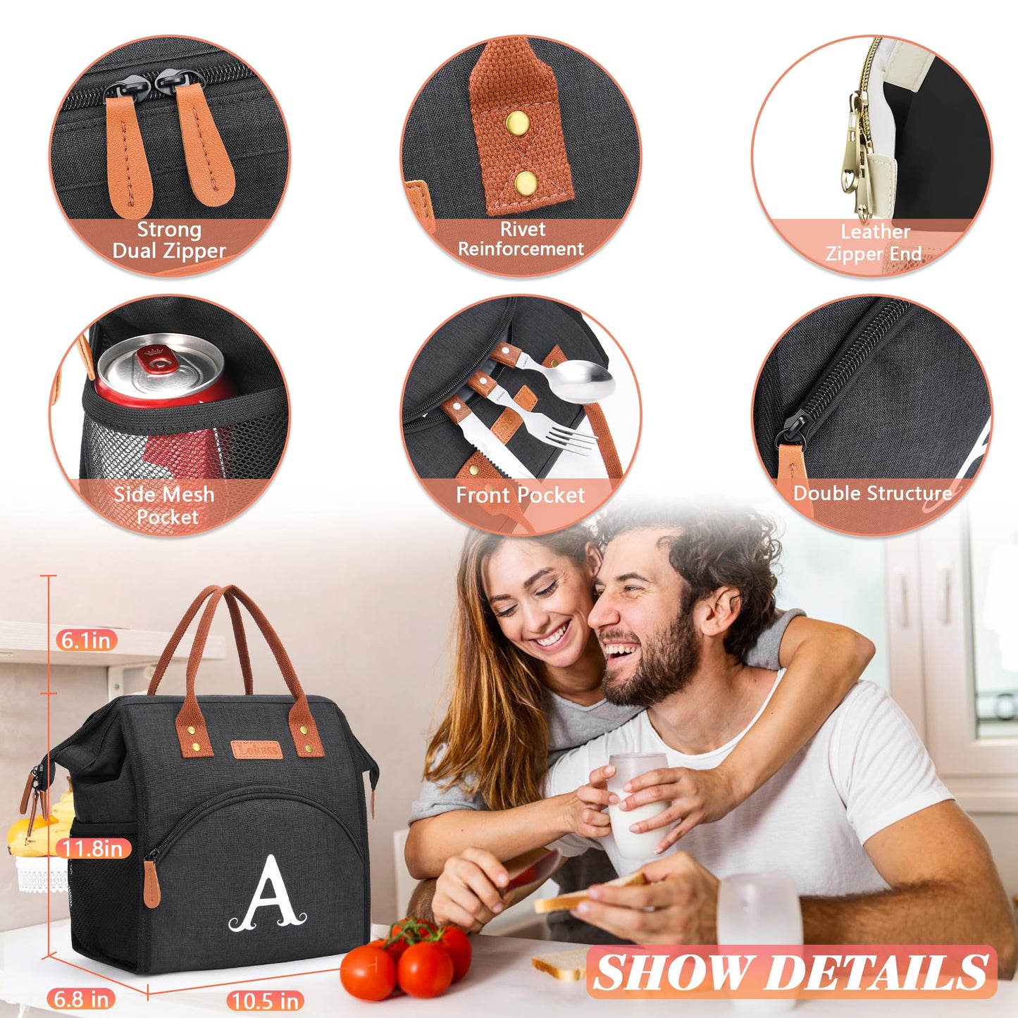 Personalized Lunch Box for Women, Initial Reusable Insulated Lunch Bag, Wide-Open Adult Lunchbox Cooler Lunchbag, Leakproof Lunch Tote for Picnic Work Outdoors, Christmas Gift for Women, Black - E