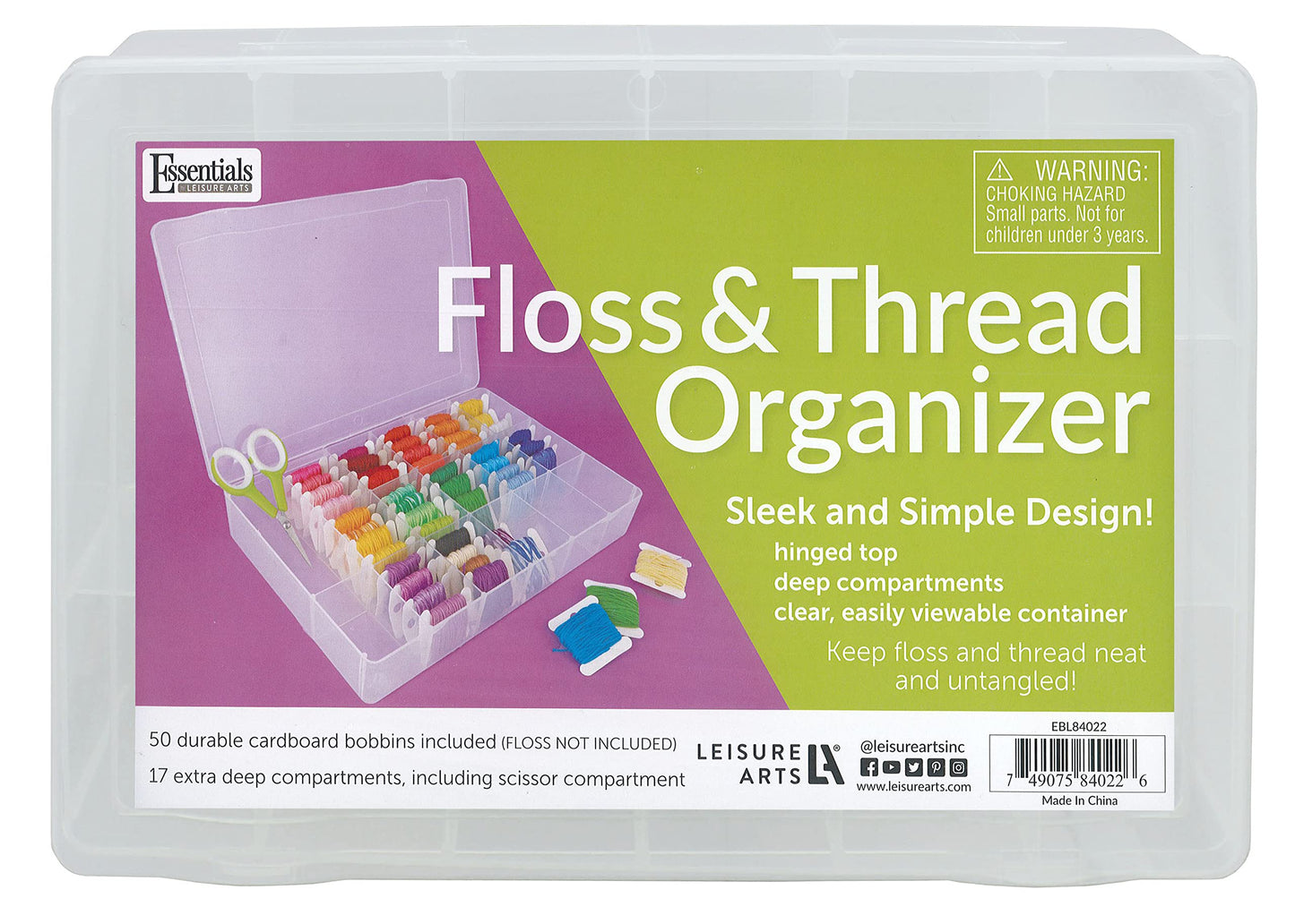Essentials By Leisure Arts Embroidery Floss Organizer Box with 100 Bobbins, 17 Compartment Clear Storage Case with Living Hinge, Tangle Free Floss Storage, 10.63 x 7.19 x 1.75 Inch