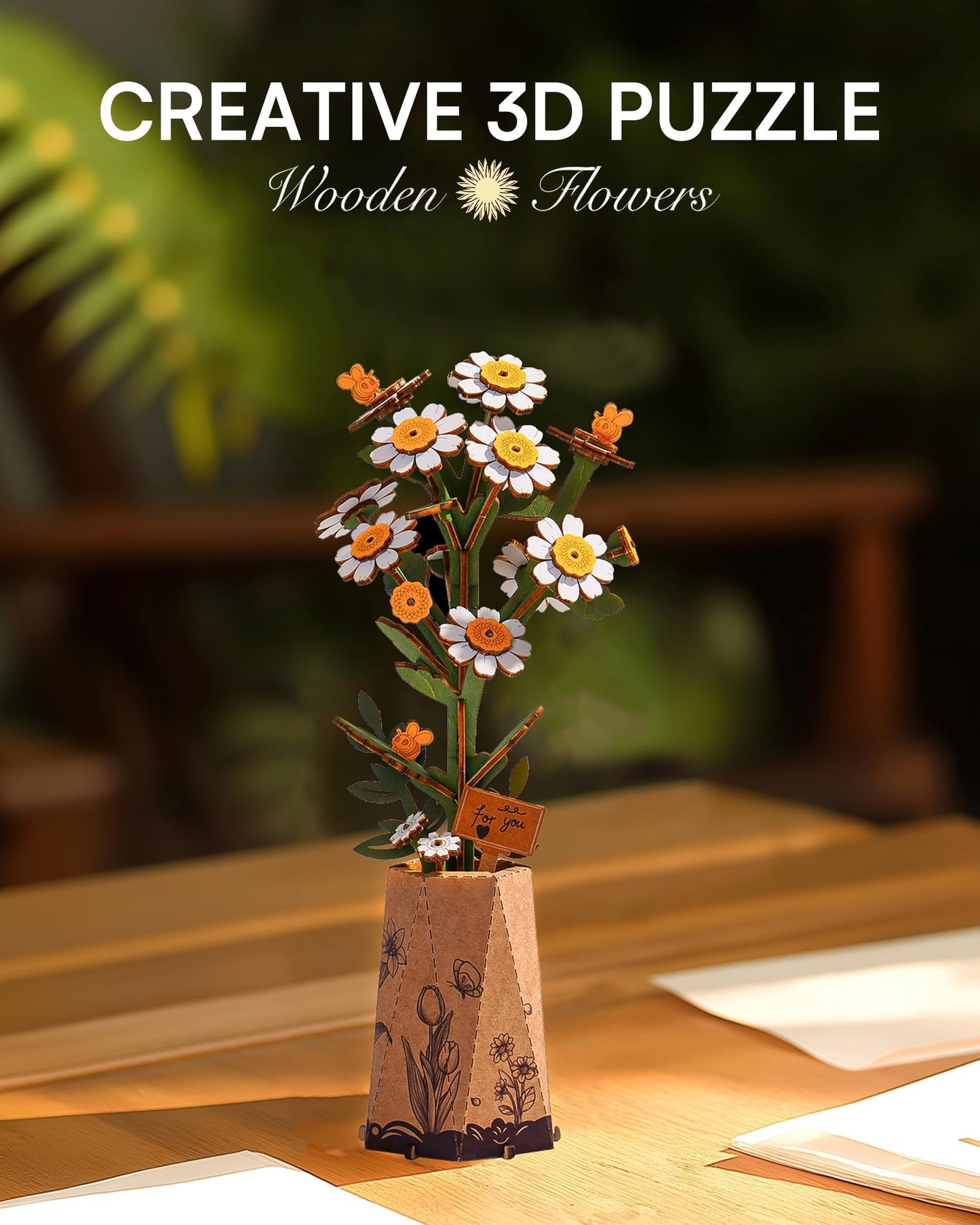 Wowood 3D Flower Wooden Puzzles for Adults-Chamomile, Mothers Day DIY Wooden Flowers Model Kit Building Set Crafts Gifts, Artificial Botanical Collection Creative Gift Ideas/Housewarming (101PCS)