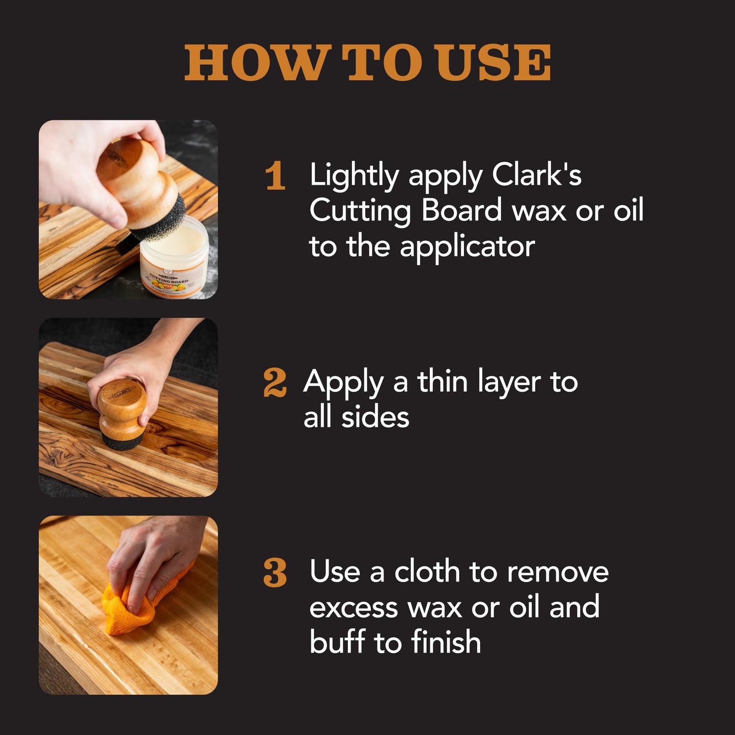 CLARK'S Food Grade Mineral Oil & Wax Applicator for Round Wood Cutting Board, Butcher Blocks, Bamboo, and Utensils – USA Maple Construction