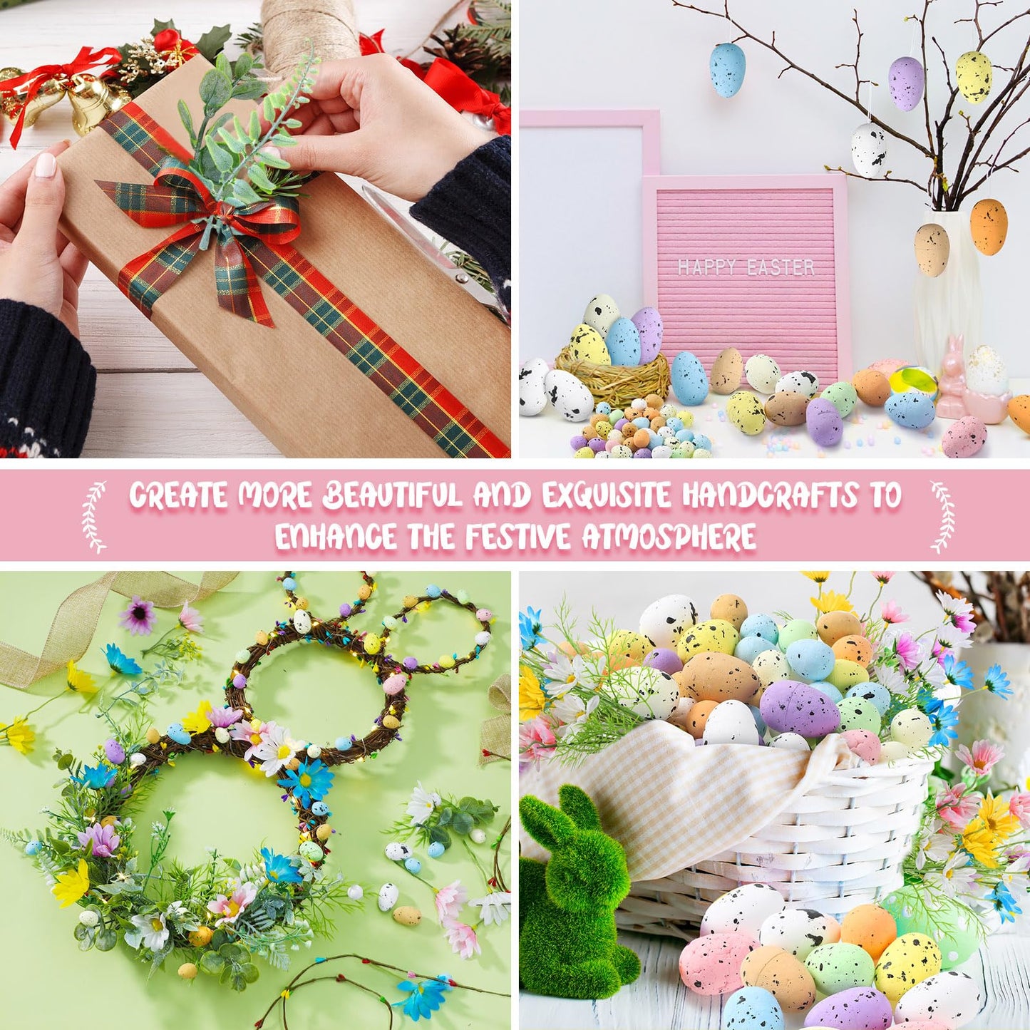 Hotop 111 Pcs Easter Wreath DIY Decorations Kits Included 24 Inch Bunny Shaped Grapevine Wreath Artificial Flowers Eggs Leaves Berry and Vines for Easter DIY Crafts Front Door Wall Decor