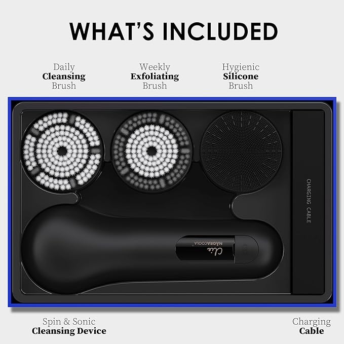 Face Scrubber, Facial Cleansing Brush, Waterproof & Rechargeable Face Scrub Brush for Men&Women, Electric Facial Exfoliator with 3 Brushes, 3 Intensities, 2 Modes with Eye Roller - Charcoal