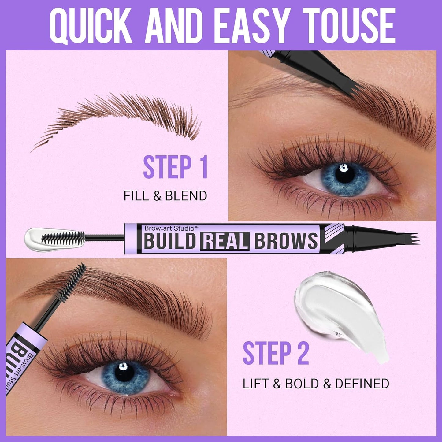 iMethod Eyebrow Pen and Eyebrow Gel - Eyebrow Pencils for Women with 4-Fork-Tip & Brow Gel Clear, Magical 2-in-1 Dual-Ended Brow Pen for Fuller-Looking Defined Brows, Stay All Day, Black Brown
