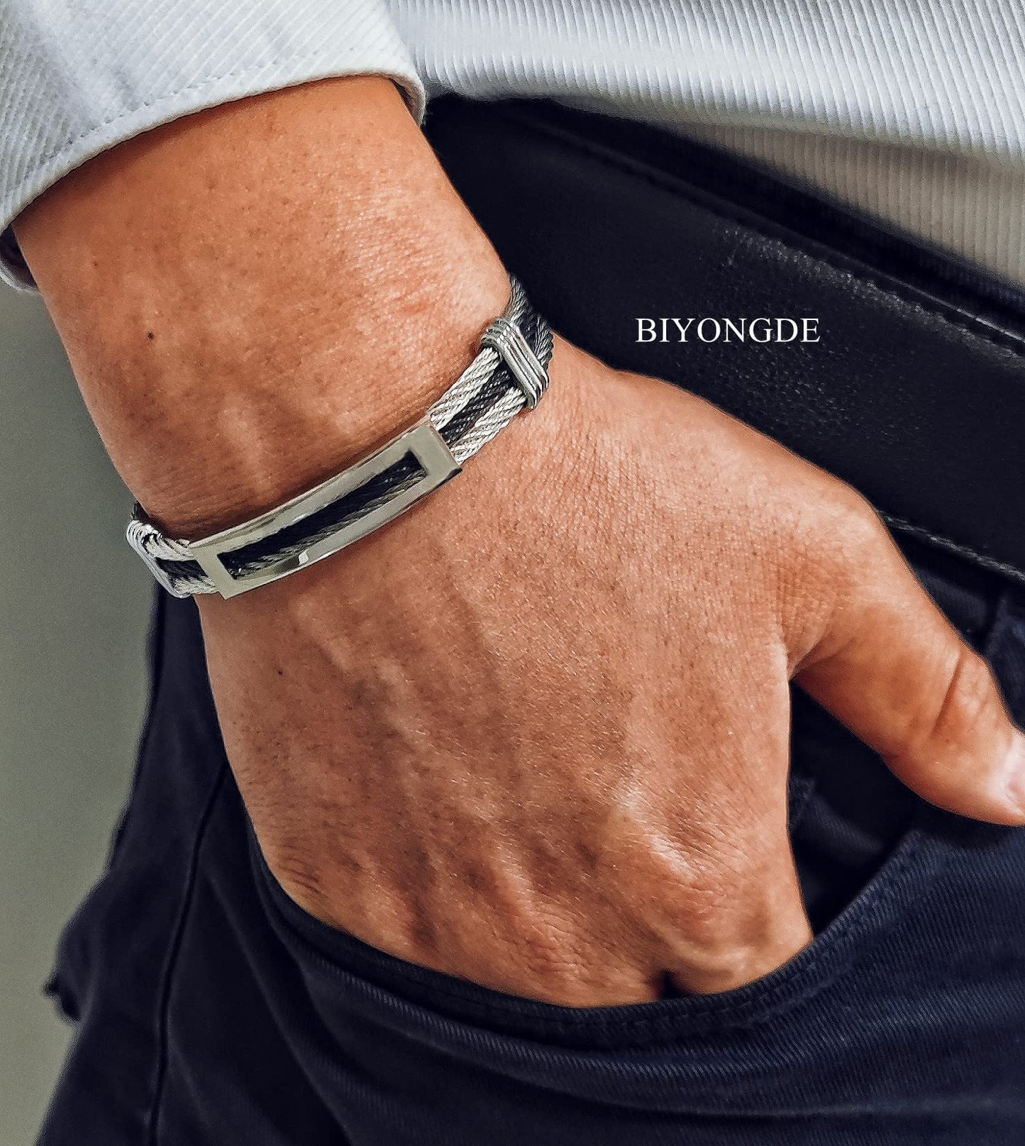 BIYONGDE Silver Black Steel Twisted Cable Cuff Bangle Bracelet ID Identify Charms, Adjustable, Mens Womens