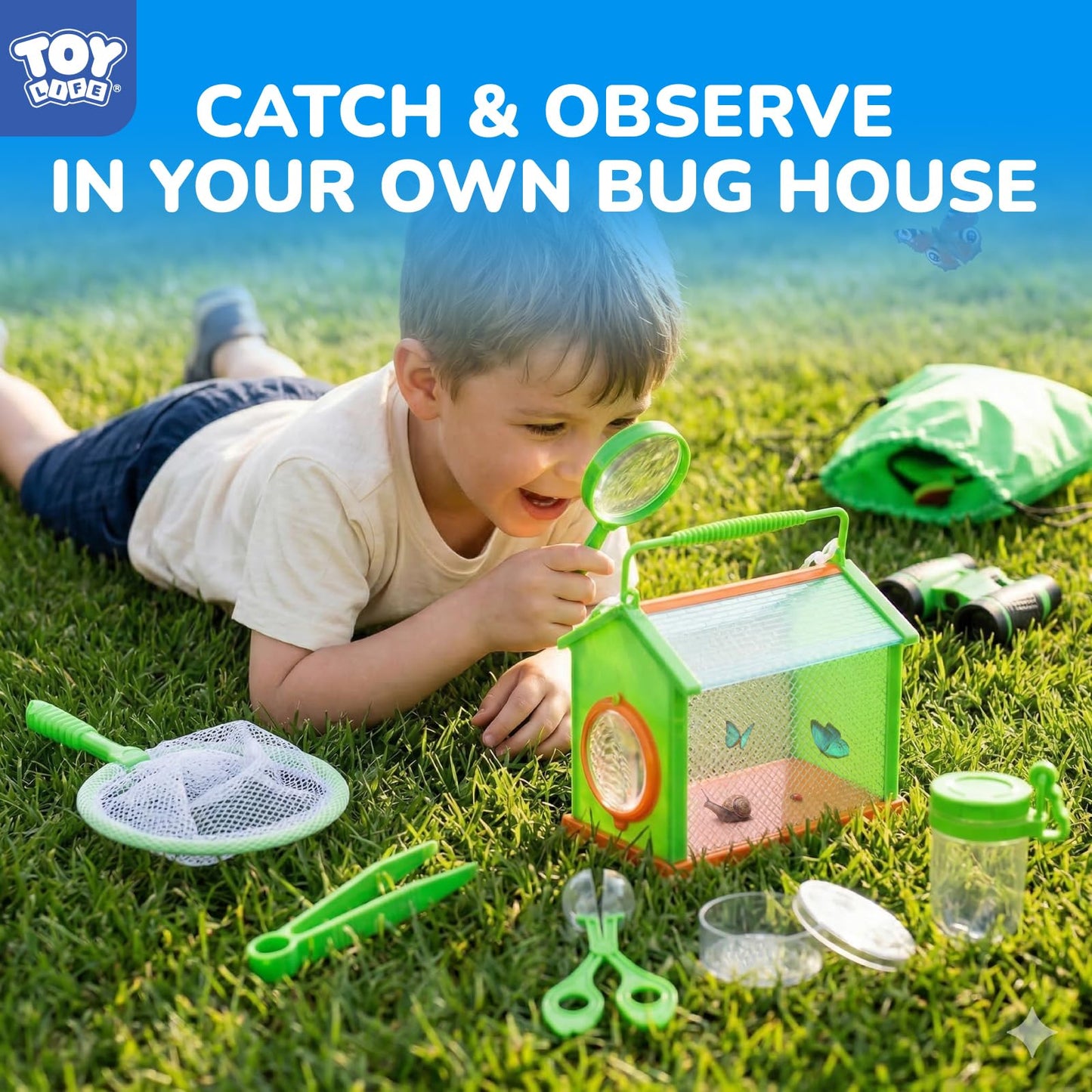 TOY Life Bug Catcher for Kids, Bug Catching Kit Kids Explorer Kit with Bug Net, Catching Tool, Tweezers, Magnifying Glass, Binoculars, Insect Catcher, Educational Outdoor Toys Kid Adventure Set