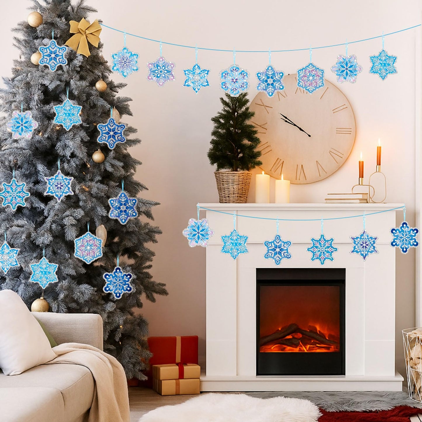 DoubleFill 60 Sets Snowflakes Suncatchers Kit Bulk Winter Snowflakes Tissue Paper Make Your Own Snowflake Stained Glass Ornament for Window Xmas Decoration