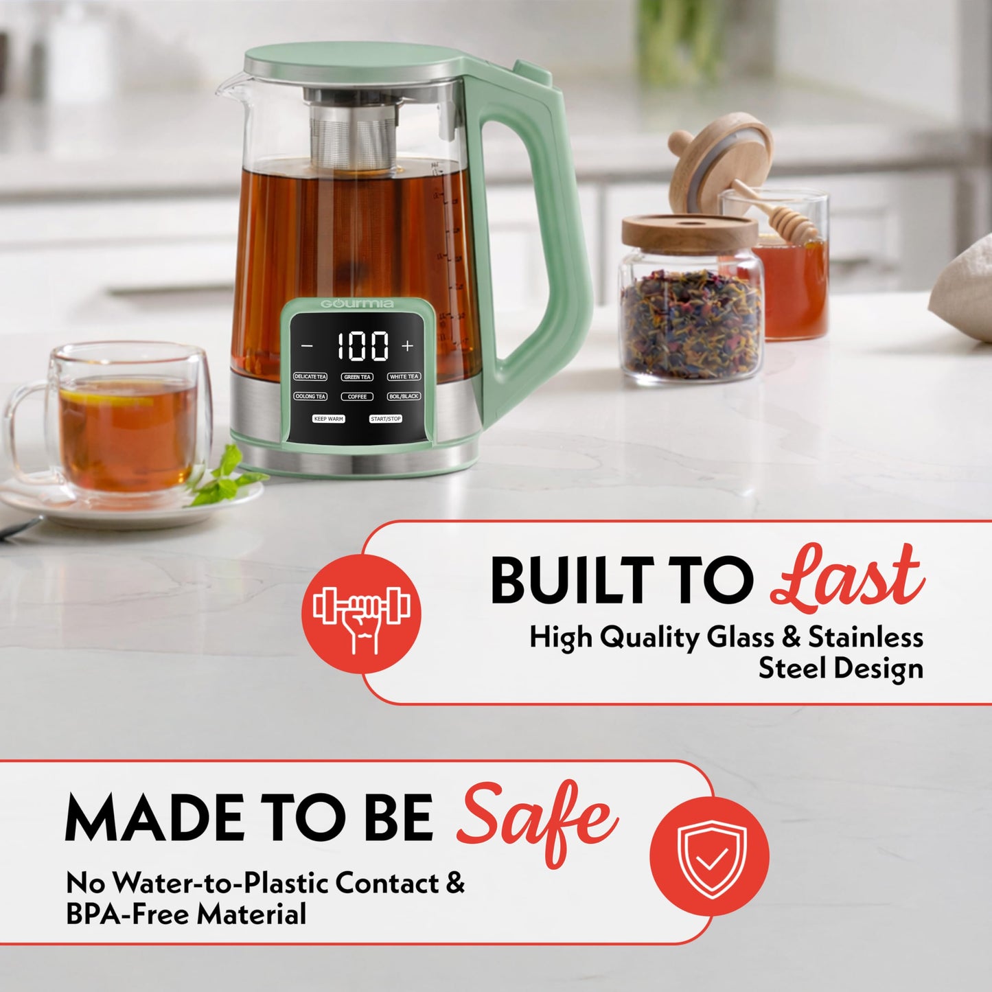 Gourmia Electric Glass Kettle – 1.7L Programmable Tea & Coffee Brewer with Digital Touch Display, 6 Presets, Removable Stainless Steel Infuser, Cordless with 360° Swivel Base, Green