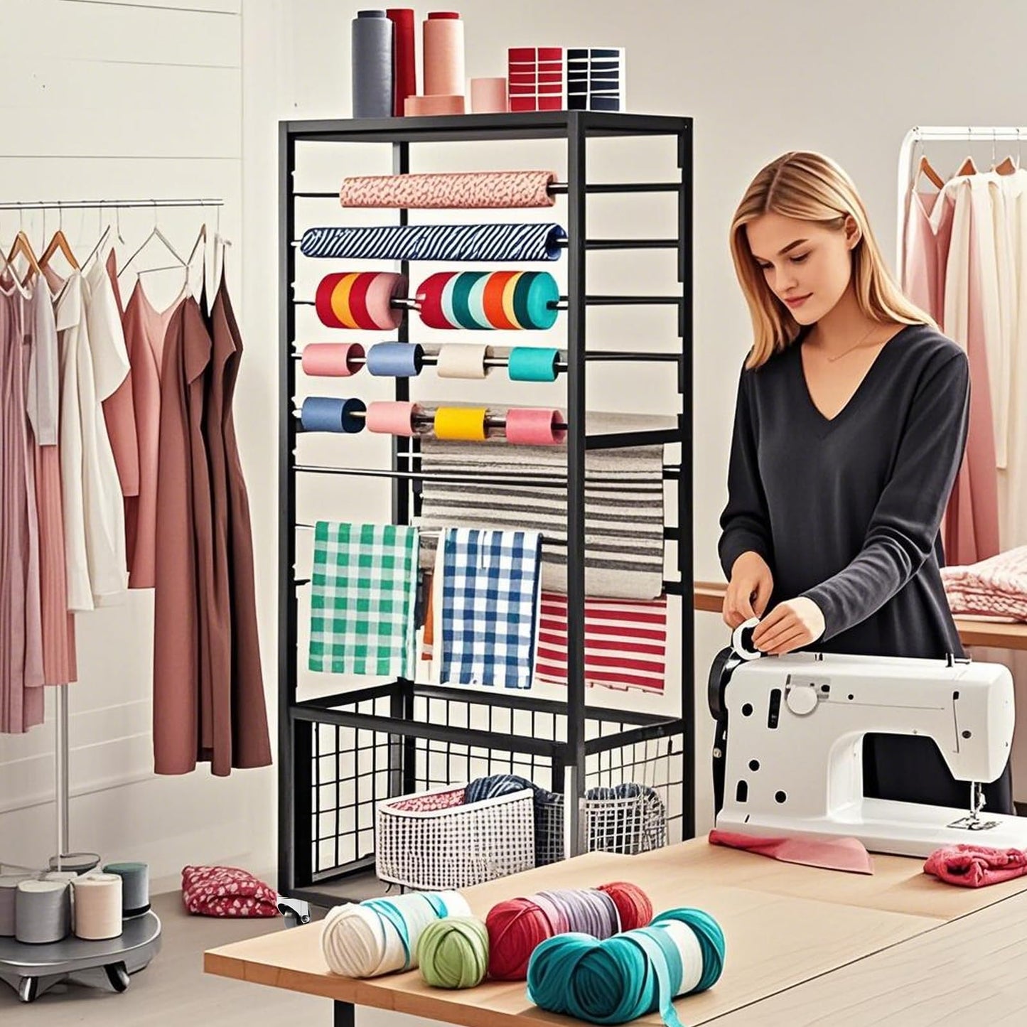 RCZSCBK 16 Tier Ribbon Holder Rack, Multifunctional Flower Wrapping Paper Rack,Double-Sided Ribbon Spool Shelf Suitable for Flower Shop, Craft Room, Cake Shop Ribbon Display Stand (Black)