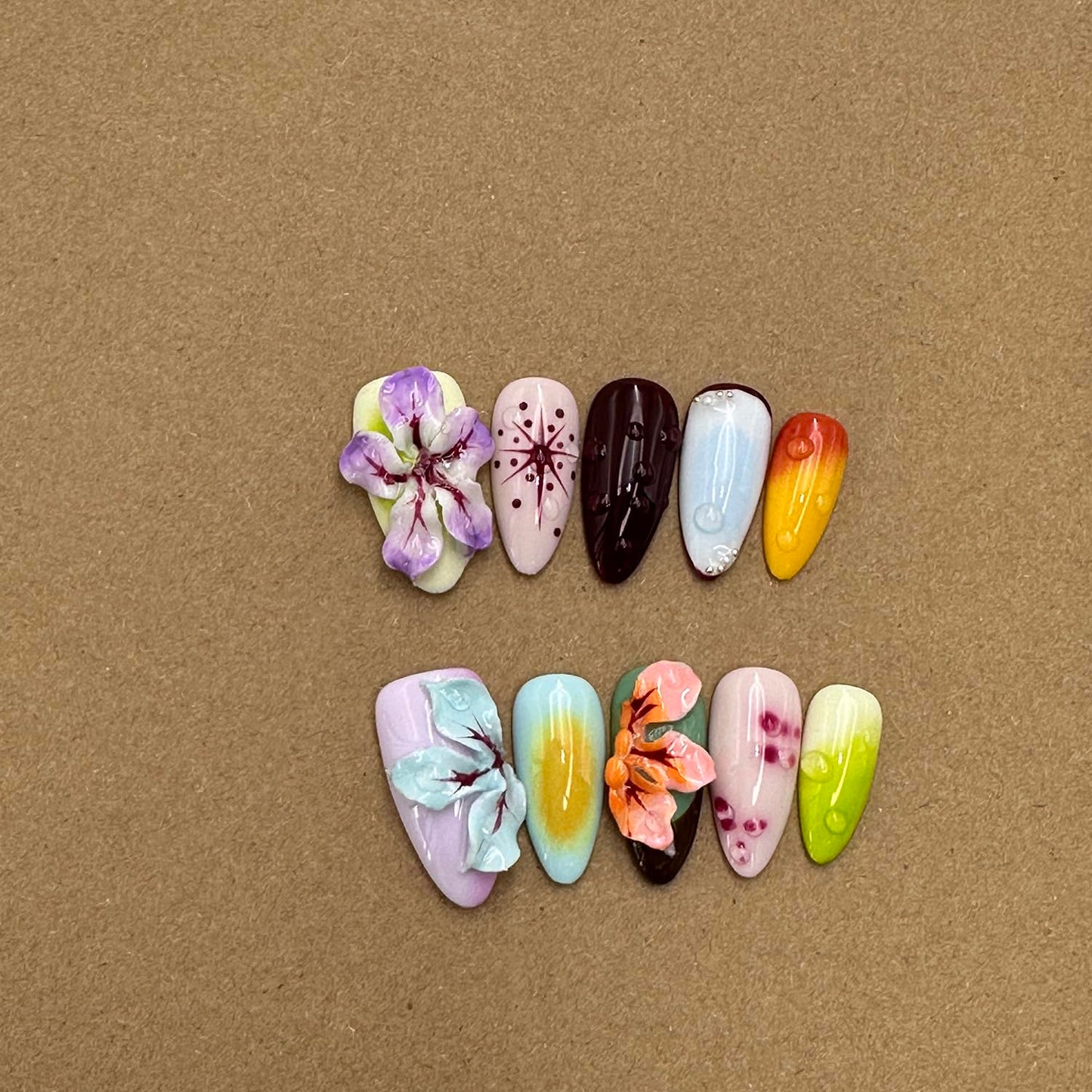 Luxury Press on Nails Medium Almond Handmade 3D Unique Reusable ABS Material Fake Nails Tropical False Nails with Designs Flower Water Drop Art Petal Glossy Glue on Nails Thick Acrylic Nails(M)