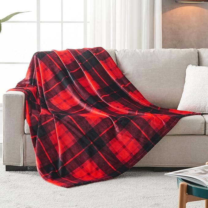 SOCHOW Flannel Fleece Throw Blanket 50 x 60 Inches, All Season Plaid Red Blanket for Bed, Couch, Car