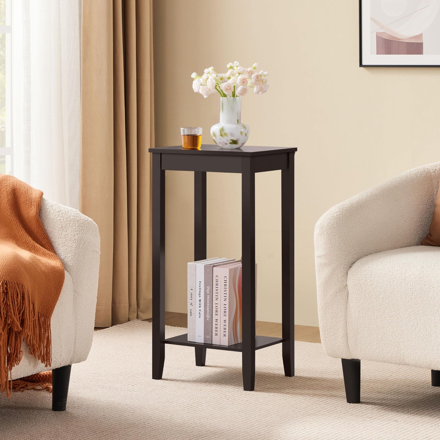 Yaheetech End Table Sofa Side Table with Open Shelf and Solid Wood Legs, Plant/Telephone Stand for Living Room, Couch, Office, Small Spaces, L15xW12xH29 Inch, Dark Coffee