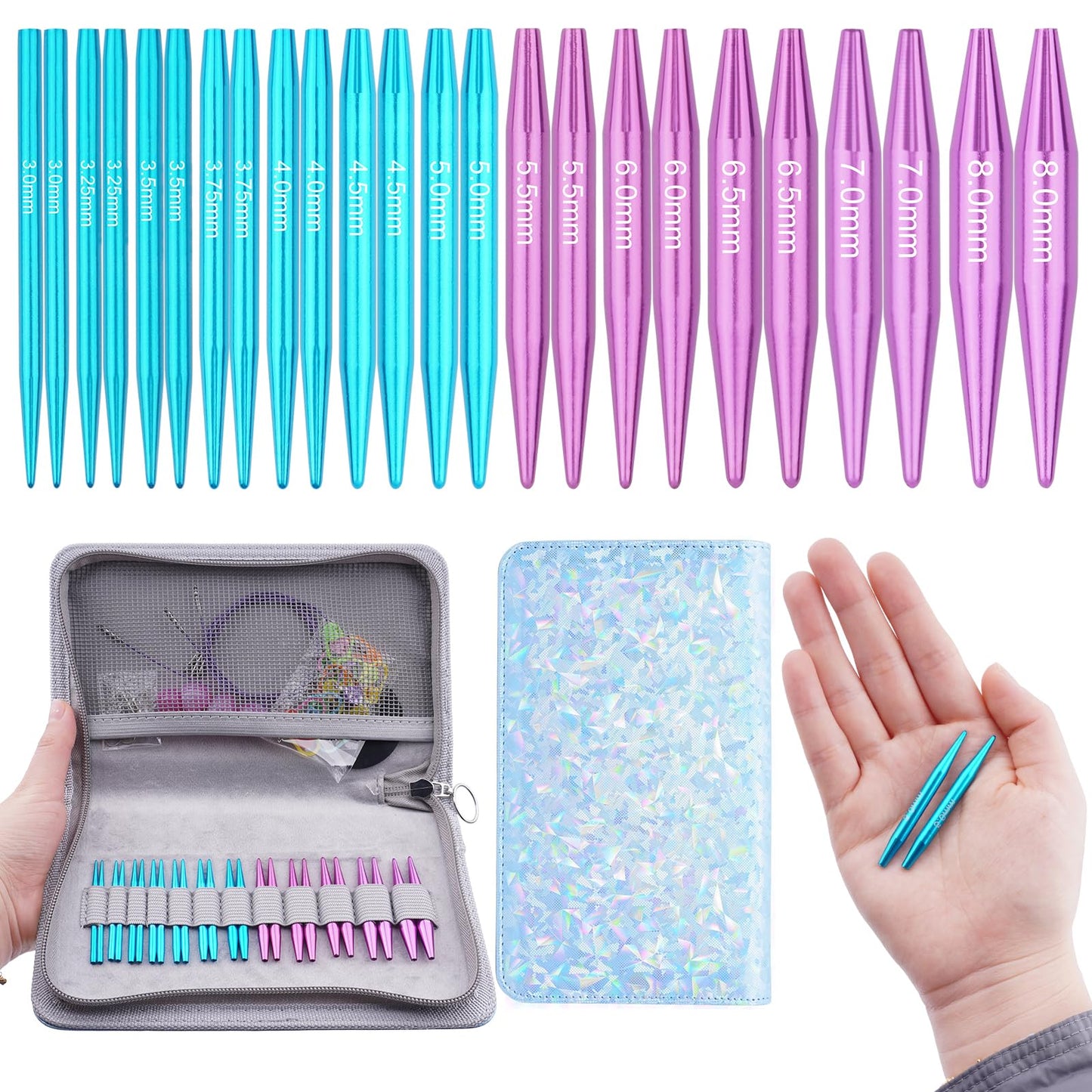Hobekoee 12 Pairs Short Interchangeable Circular Knitting Needles Set 3mm-8mm Interchangeable Aluminum Round Knitting Needles Set with 4 Swivel Cables for DIY Knitting Lovers