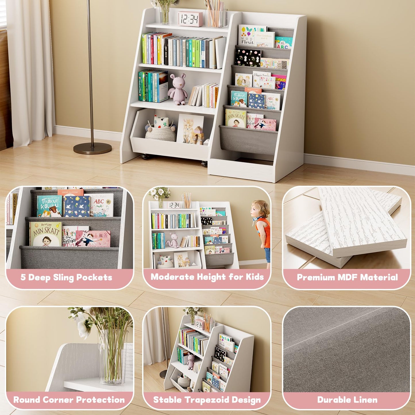 COZPAW Kids Bookshelf and Toy Storage, 4 Tier Toddler Bookshelf with Movable Drawer (White)