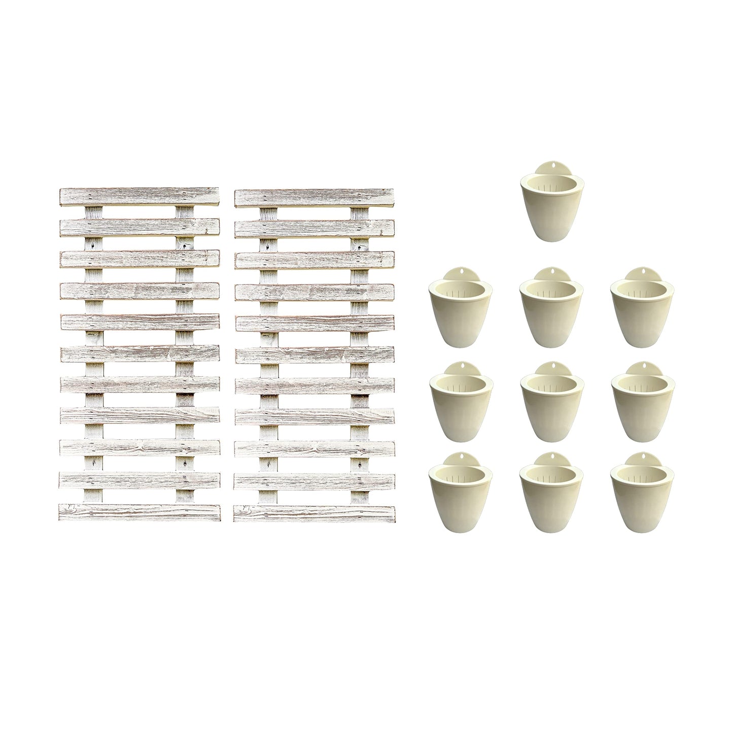 ShopLaLa Bundle- 4" x 10 Pack White Self Watering Plastic Pots + White Wooden Hanging Planters, Vertical Wall Mounted Herb Flower Garden Hydroponic Modern Pot Living Plant Sytem LaLaGreen
