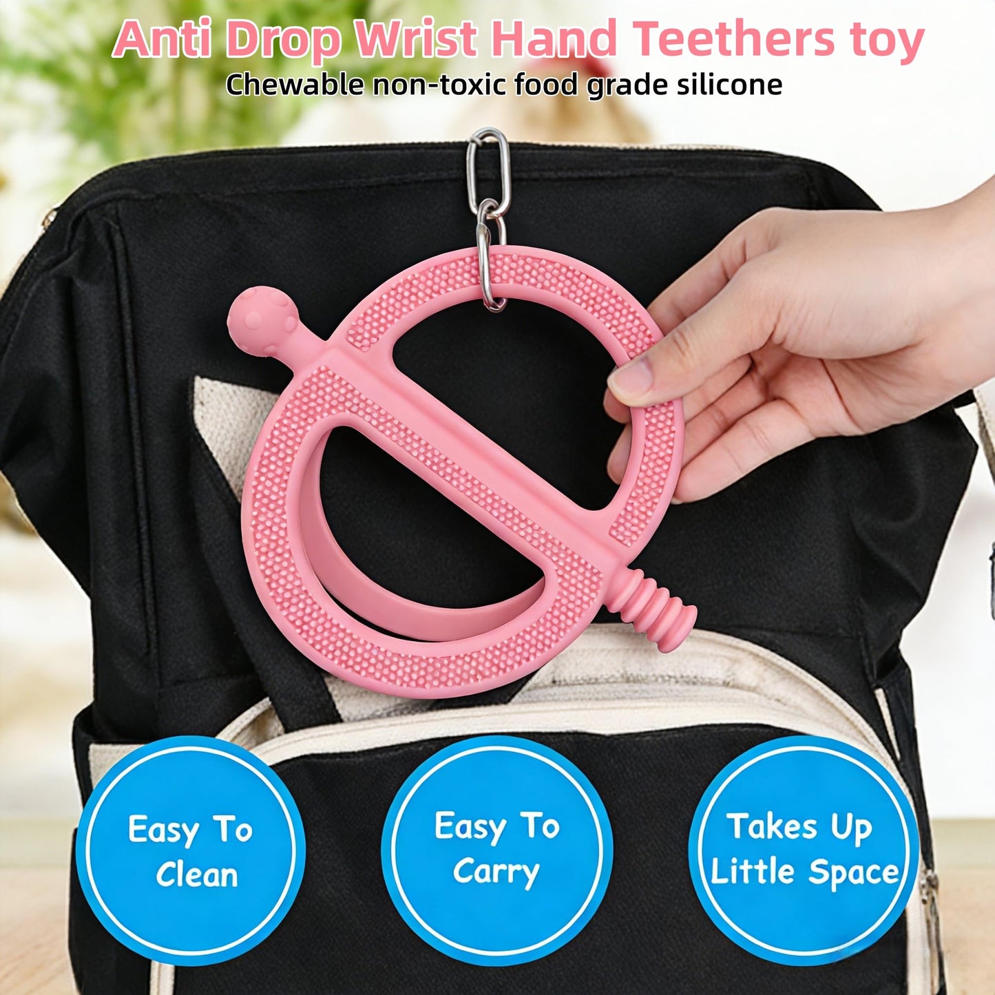 MACLUD 3 Pack Baby Teething Toys, Anti Dropping Wrist Hand Teethers & Easy-Grip Teether Ring, Food-Grade Silicone for Teething Relief, Newborn Essentials Chew Toys 0-12 Months（Blue&Pink&Green）
