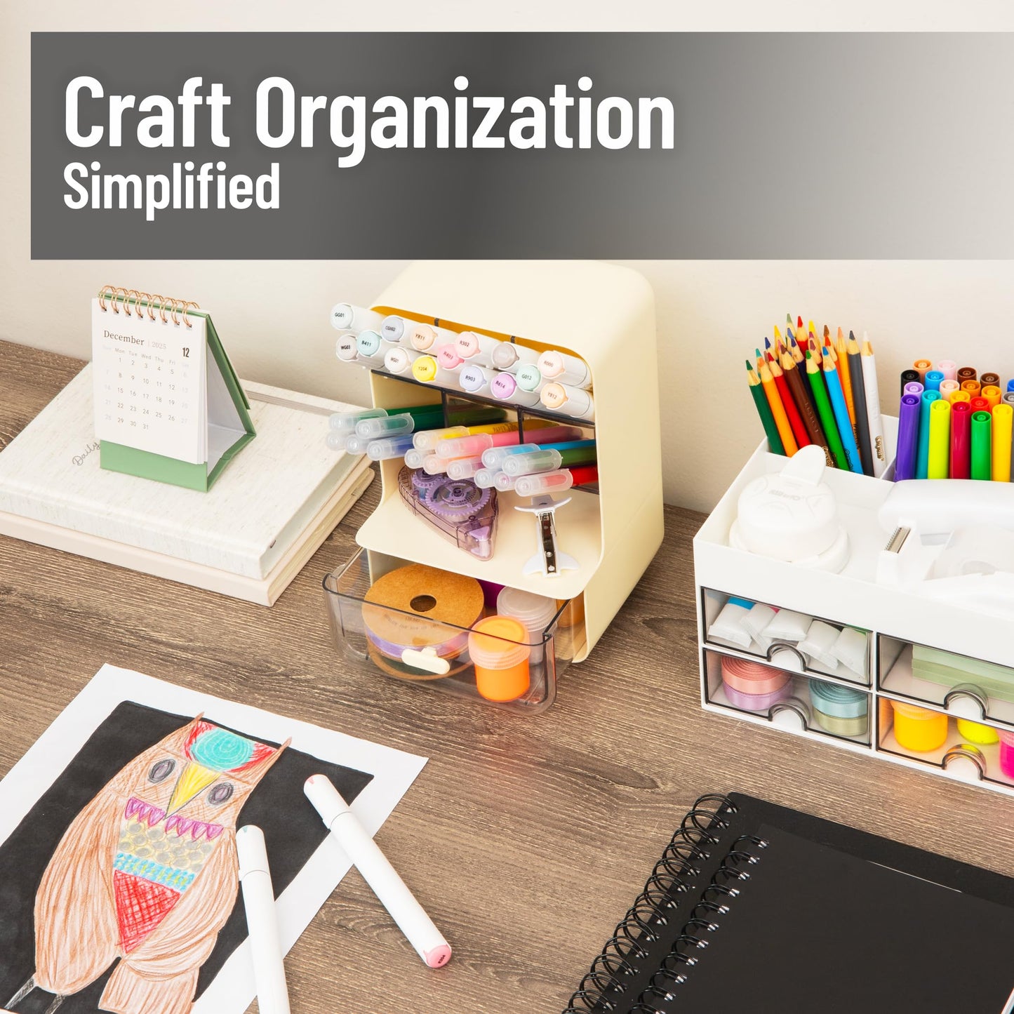 Mind Reader Compact Craft Supply Organizer with Drawer, 6 Slanted Compartments, Non-Skid Feet, Desktop Storage for Markers, Pens, Tools & Art Essentials, Plastic, White