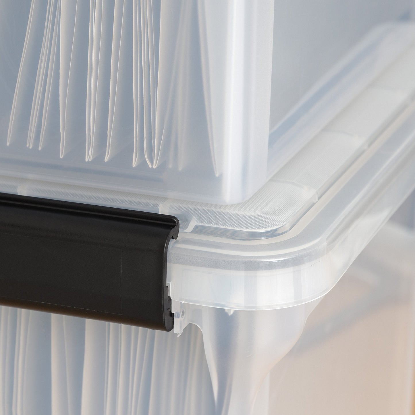 IRIS USA File Box WeatherPro Organizer Plastic for Letter/Legal, Water Resistant Document, Durable Lid, Seal w/Secure Latching Buckles, Stackable, Nestable, Clear 32 Qt. 1 Pack