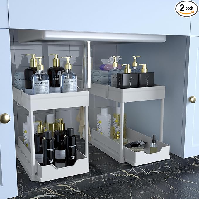 DEKAVA Cabinet, 2 Pack Under Sink Organizer, 2 Tier Sliding Bathroom Kitchen Organizer, Large White ABS Baskets, Easy Install & Clean