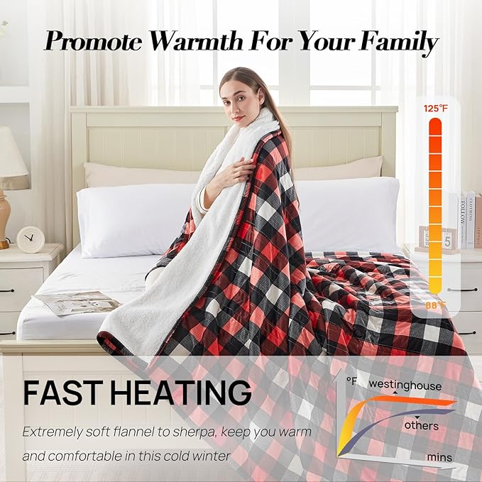 Westinghouse Full Size Heated Blanket Electric Blanket, Flannel & Sherpa Heating Blanket with10 Heating Levels & 1 to 12 Hours Heating Time Settings, Fast Heating Blanket Red Plaid, 72x84 Inches