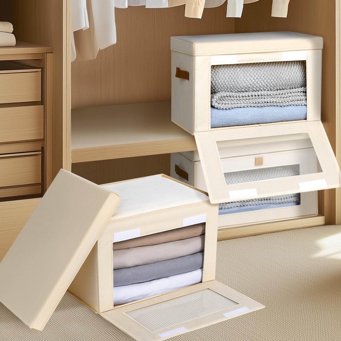 Homsorout Large Closet Storage Bins - Collapsible Storage Bins with Handles & Window, Decorative Boxes with Lids, Fabric Cubes for Living Room, Dorm, 1 Pack, Beige