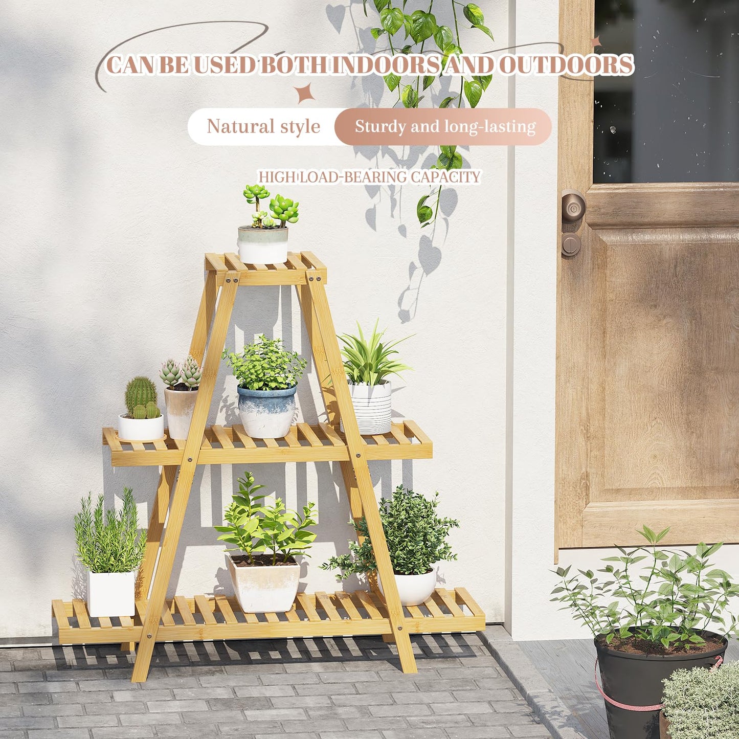STDDRE Plant Stand For Indoor Outdoor Tiered Plant Shelf 3 Tier 8 Potted Bamboo Flower Holder Ladder Rack For Multiple Triangle Table Plant Pot Stand (Natural)