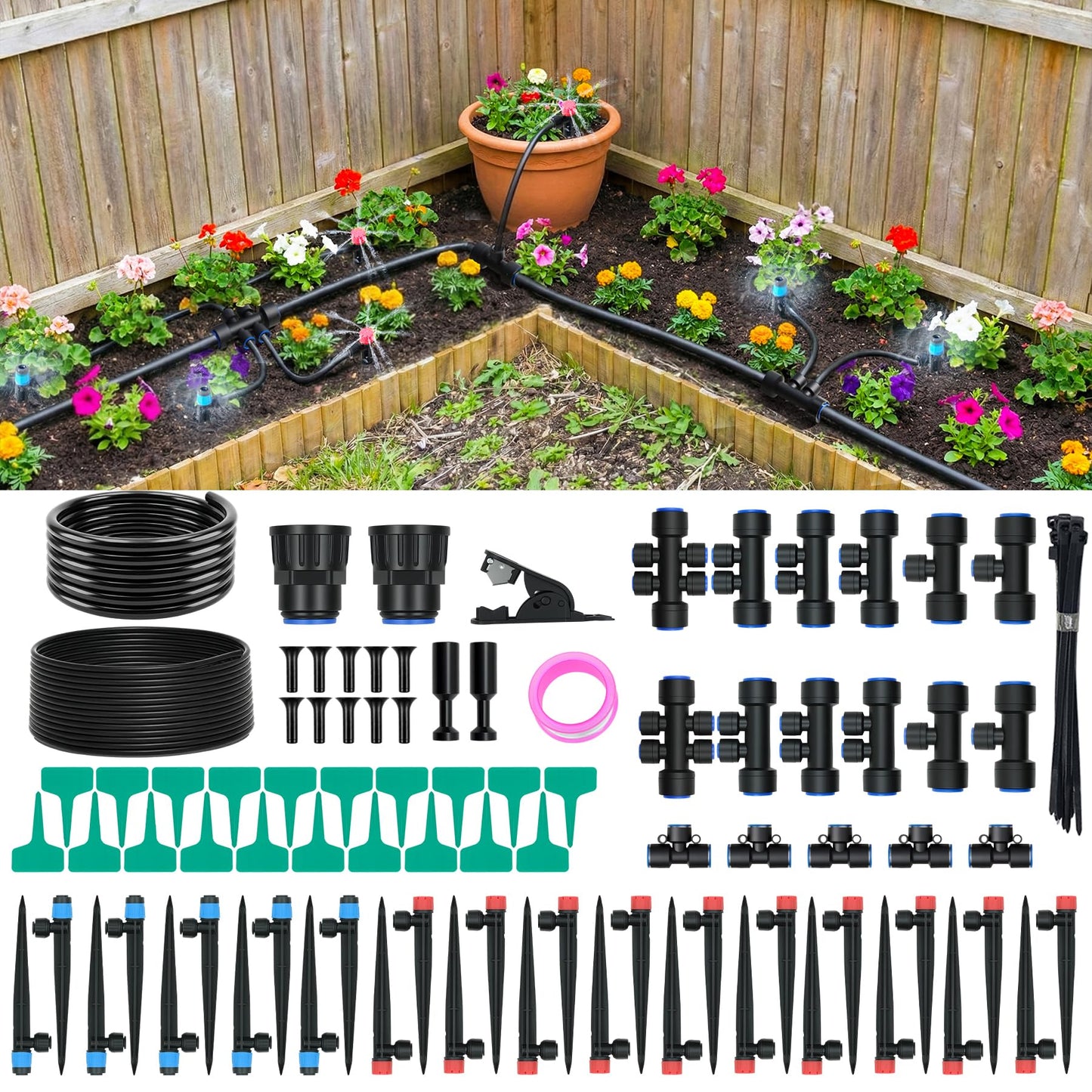 Drip Irrigation System for Garden, 2026 Upgraded Automatic Plant Watering Kit with Quick Connect PE Tubing, 30 Water-Saving Adjustable Drip Emitters for Yard, Lawn, Raised Bed & Greenhouse (100FT)