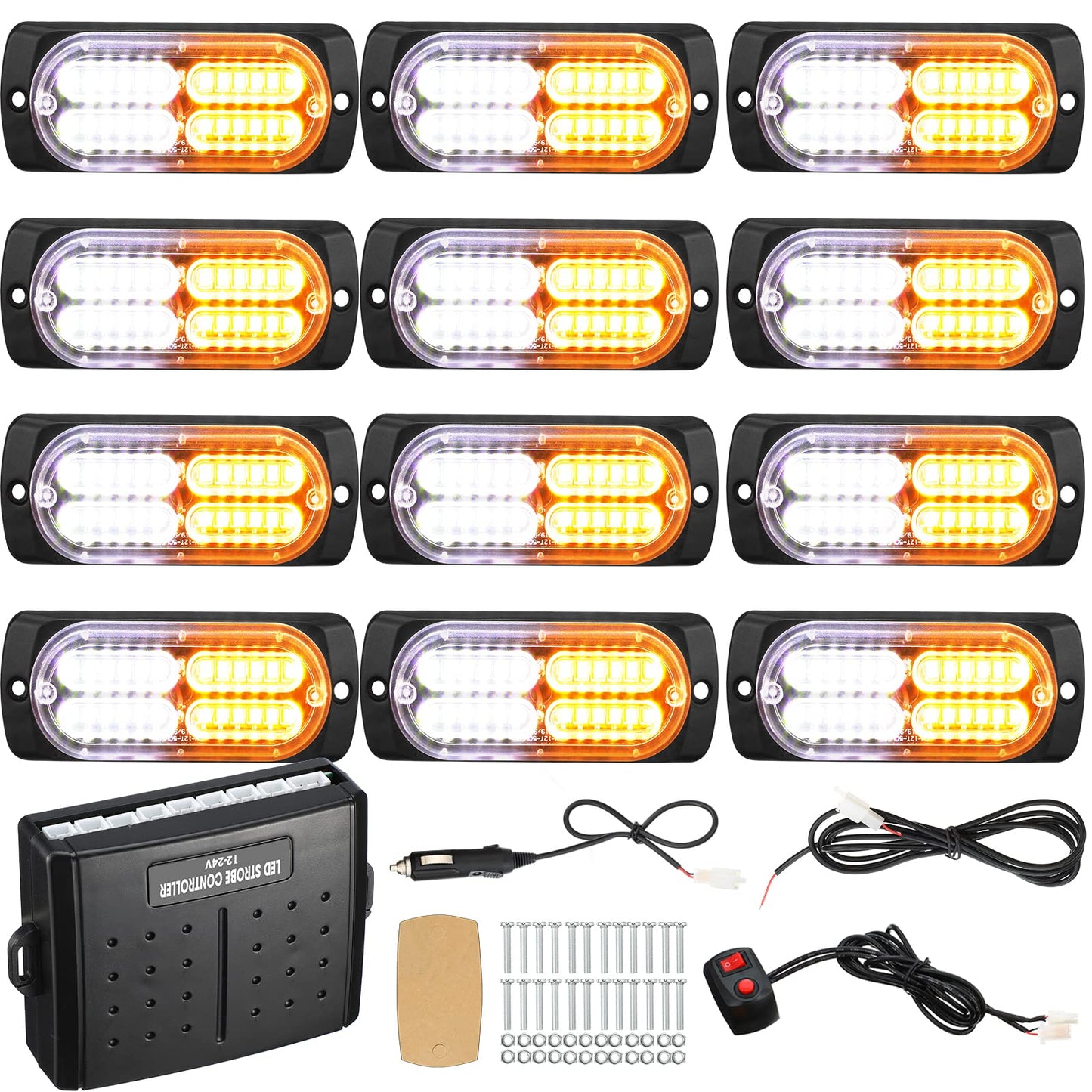 12 Pcs Emergency Lights for Vehicles Truck Flush Mount LED Emergency Lights with Control Box Wiring Hazard Warning Amber Strobe Lamp for Vehicle Truck Car Roadside
