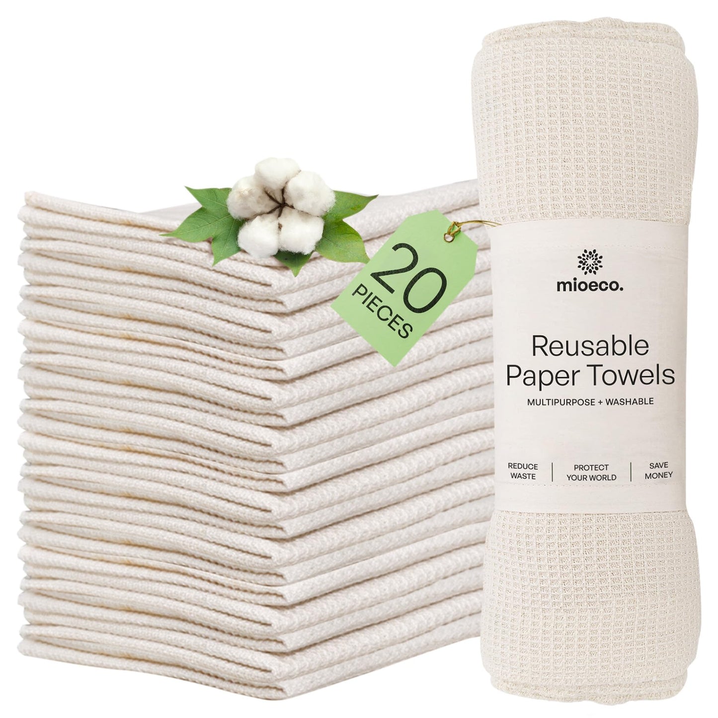 mioeco 20 Pack Reusable Kitchen Paper Towels Washable - Super Absorbent Natural unPaper Towels - Natural Cotton - Reusable, Paperless Kitchen Dish Cloths - 100% Organic