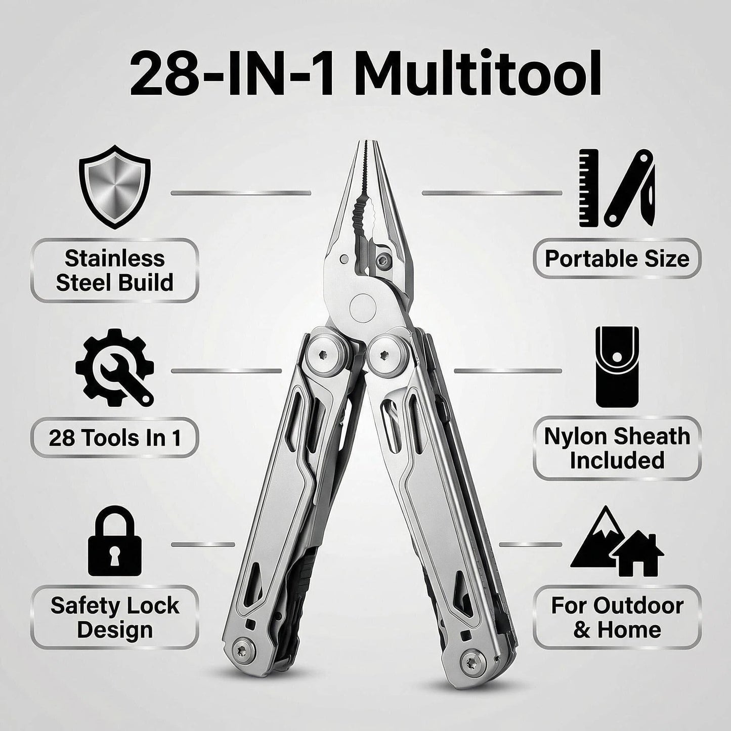 JIEHET Multitool, 28-in-1 Stainless Steel Multi-Tool with Pocket Knife, Self-locking Pliers, Bottle Opener Professional Multi Tool for Outdoor, Survival, Camping, Hiking, Hunting - Silver