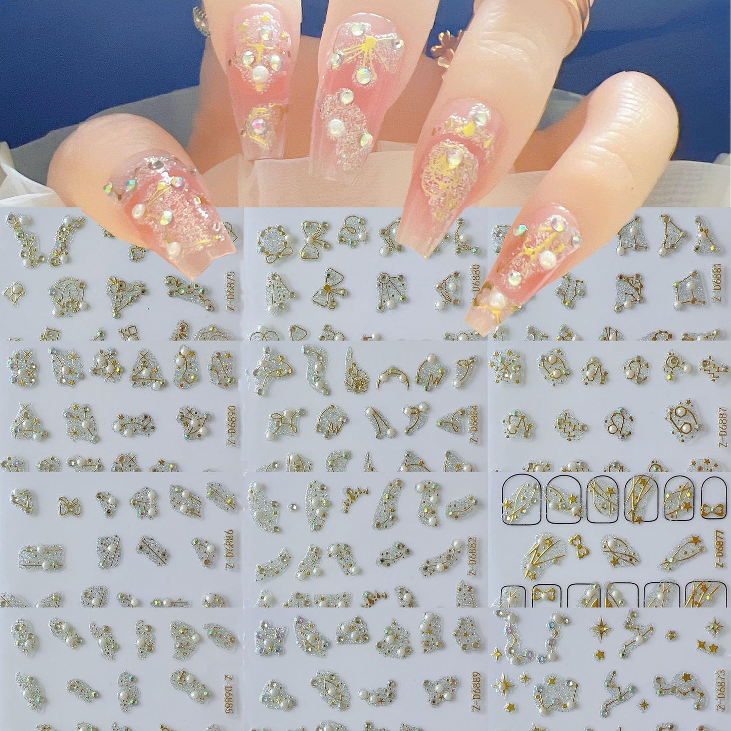 NAIL ANGEL 12Sheets Nail Art Adhesive Sticker Sheets Glitter Designs with Gold Decal Antique Baroque Styles with Rhinestones and Pearls Decals Nail Art 10356
